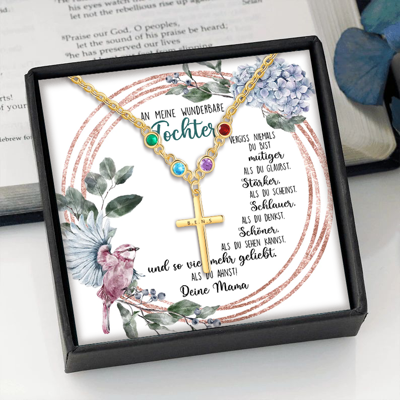 Personalisierter 1 Text & 4 Geburtssteine Kommunion Kreuz Halskette- An meine wunderbare Tochter- Geschenk mit Nachrichtenkarte