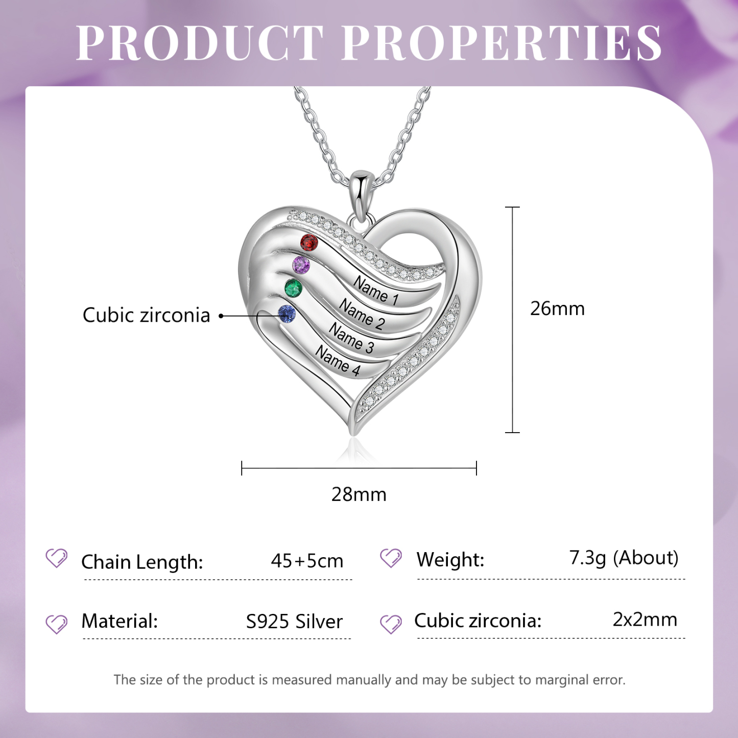 925 Sterling Silber Personalisierte 1-6 Namen & 1-6 Geburtssteinen Herz Halskette mit Zirkonia