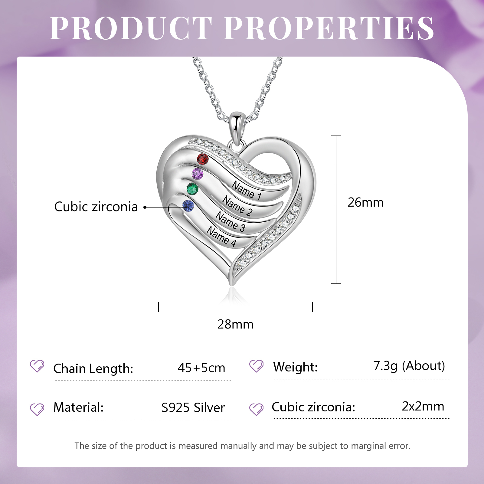 925 Sterling Silber Personalisierte 1-6 Namen & 1-6 Geburtssteinen Herz Halskette mit Zirkonia