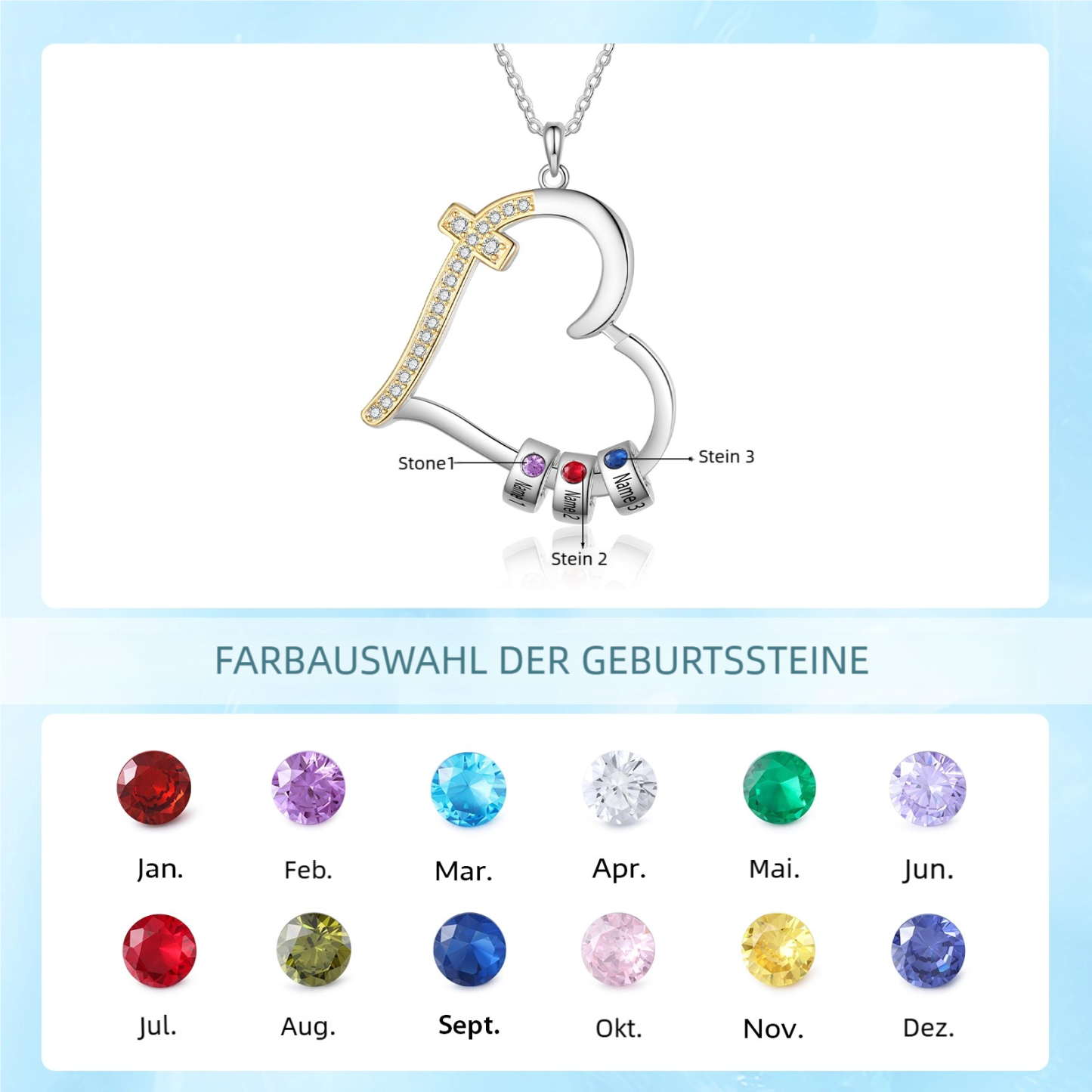 Personalisierte Herz-Halskette mit Kreuz, 2–5 Namen und Geburtssteinen