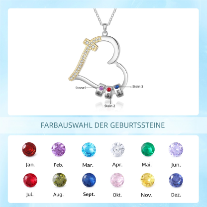 Personalisierte Herz-Halskette mit Kreuz, 2–5 Namen und Geburtssteinen
