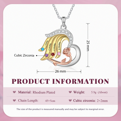 Personalisierte 4 Namen & 4 Geburtssteinen Herz Halskette mit Rose für  Großmutter Familie