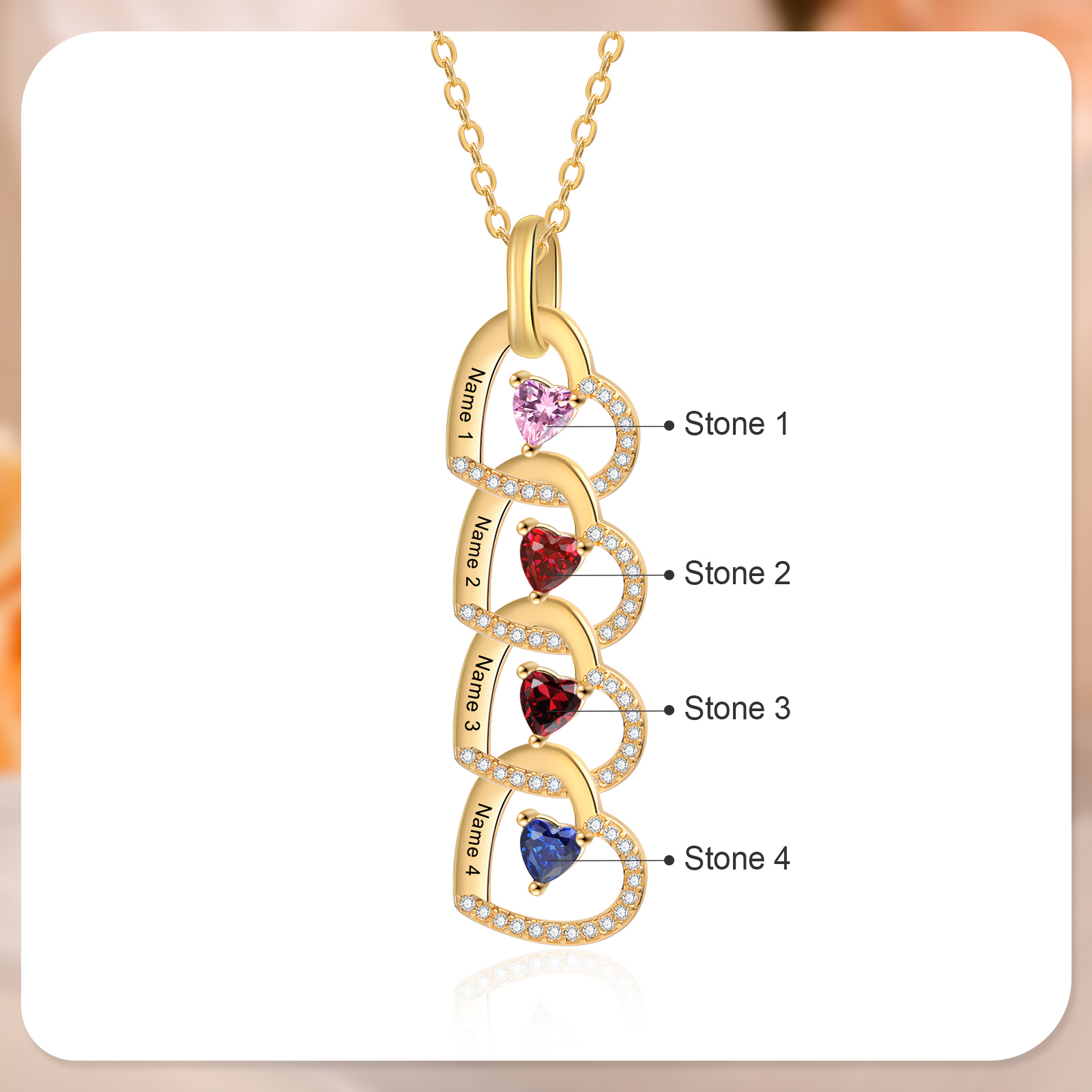 Personalisierte 4 Namen & Geburtssteine Herz Halskette mit Zirkonia