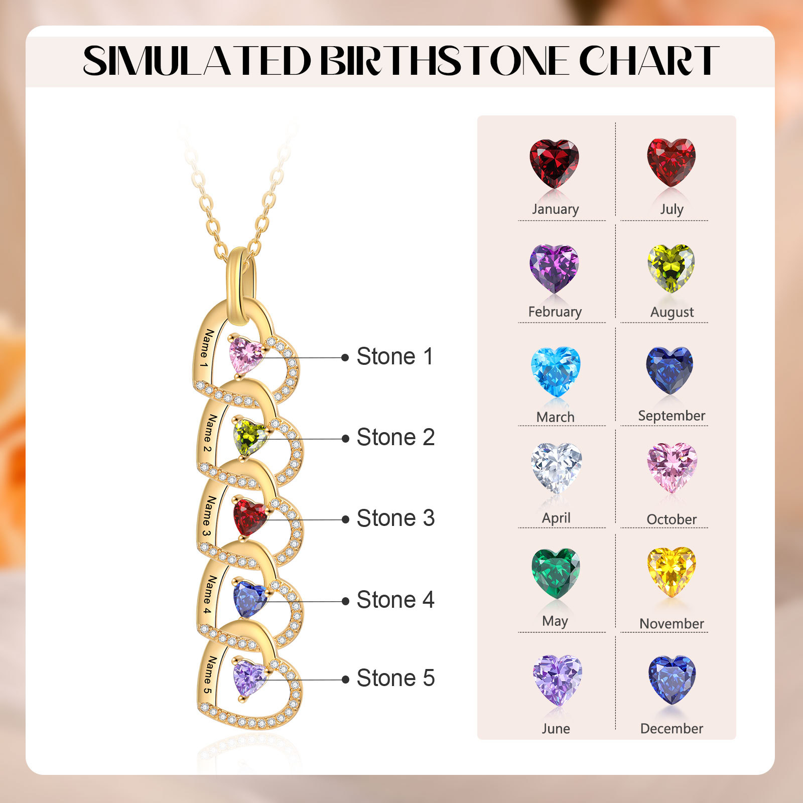 Personalisierte 5 Namen & Geburtssteine Herz Halskette mit Zirkonia