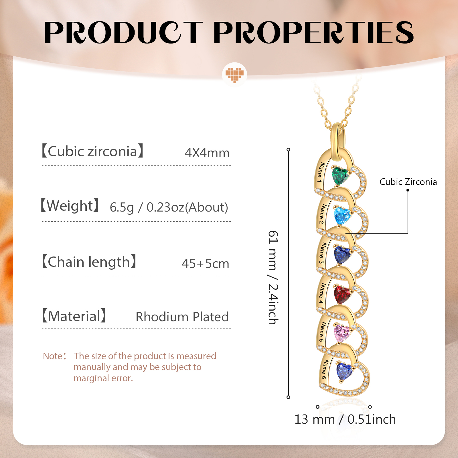 Personalisierte 6 Namen & Geburtssteine Herz Halskette mit Zirkonia