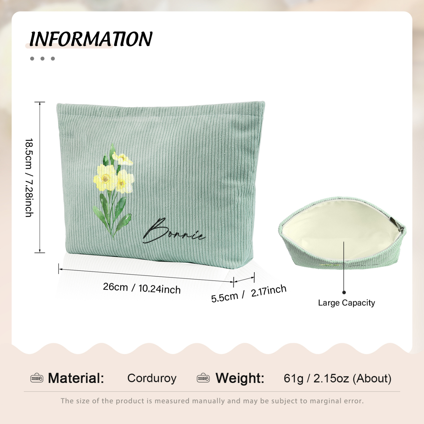 Personalisierter 1 Name & Geburtsblume Kord Schminktasche in 4 Farben