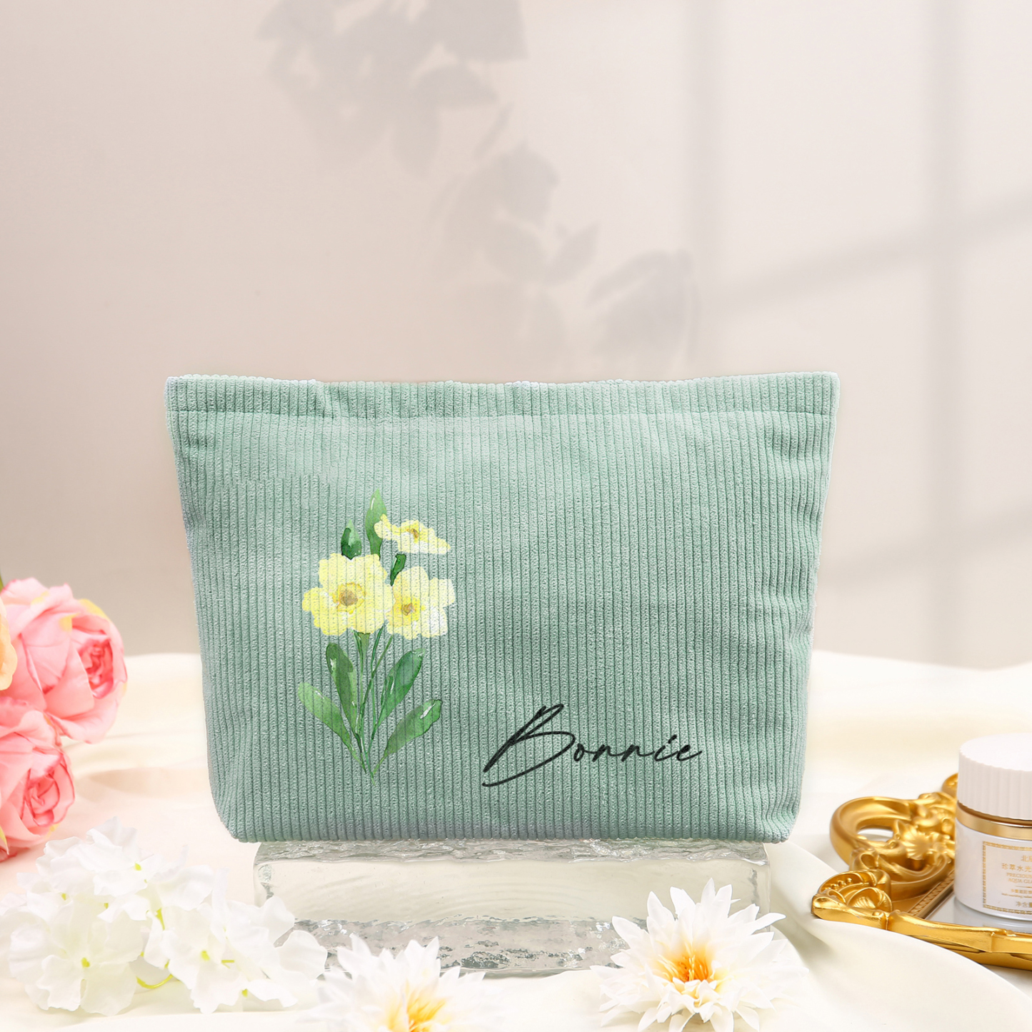 Personalisierter 1 Name & Geburtsblume Kord Schminktasche in 4 Farbe–