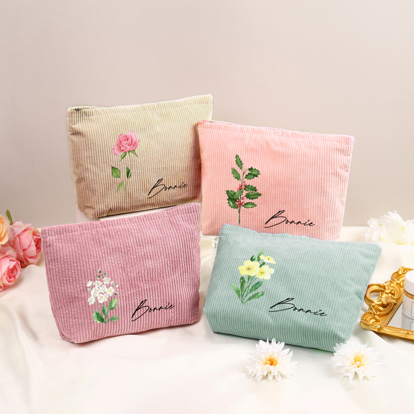 Personalisierter 1 Name & Geburtsblume Kord Schminktasche in 4 Farben