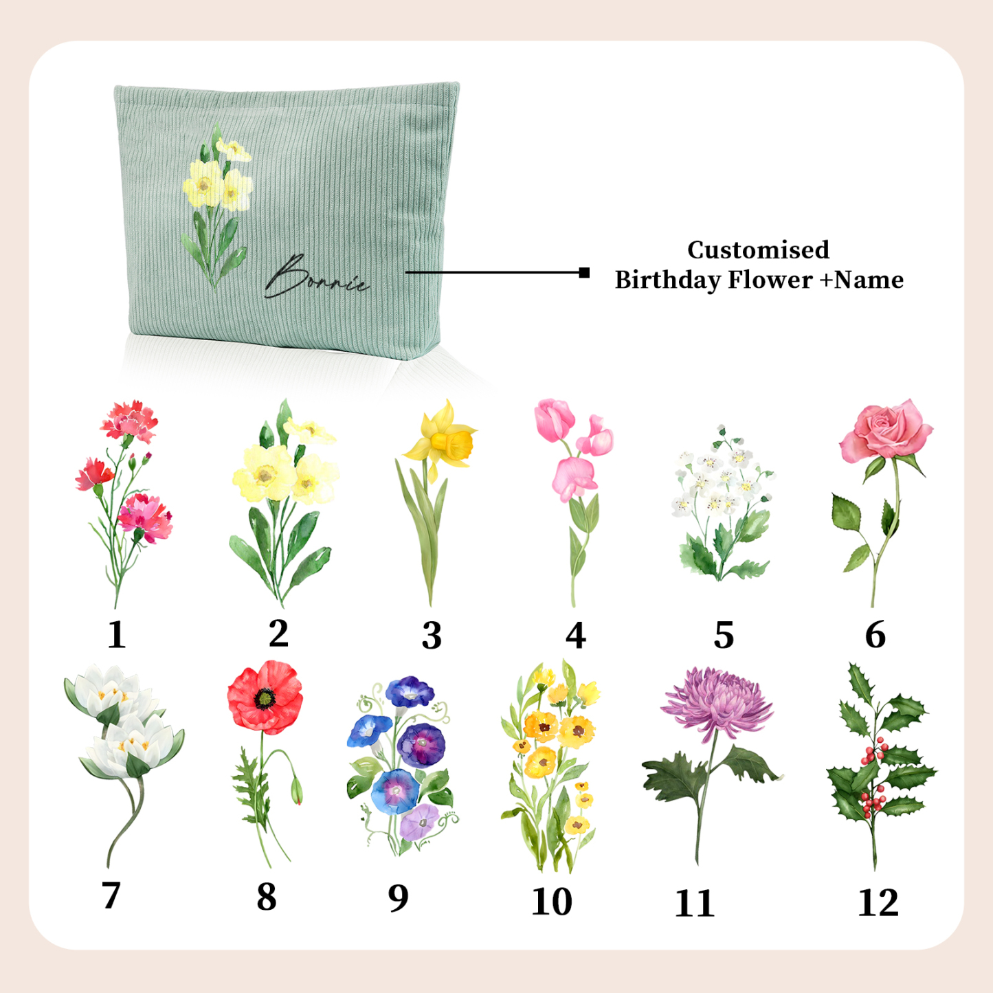 Personalisierter 1 Name & Geburtsblume Kord Schminktasche in 4 Farben