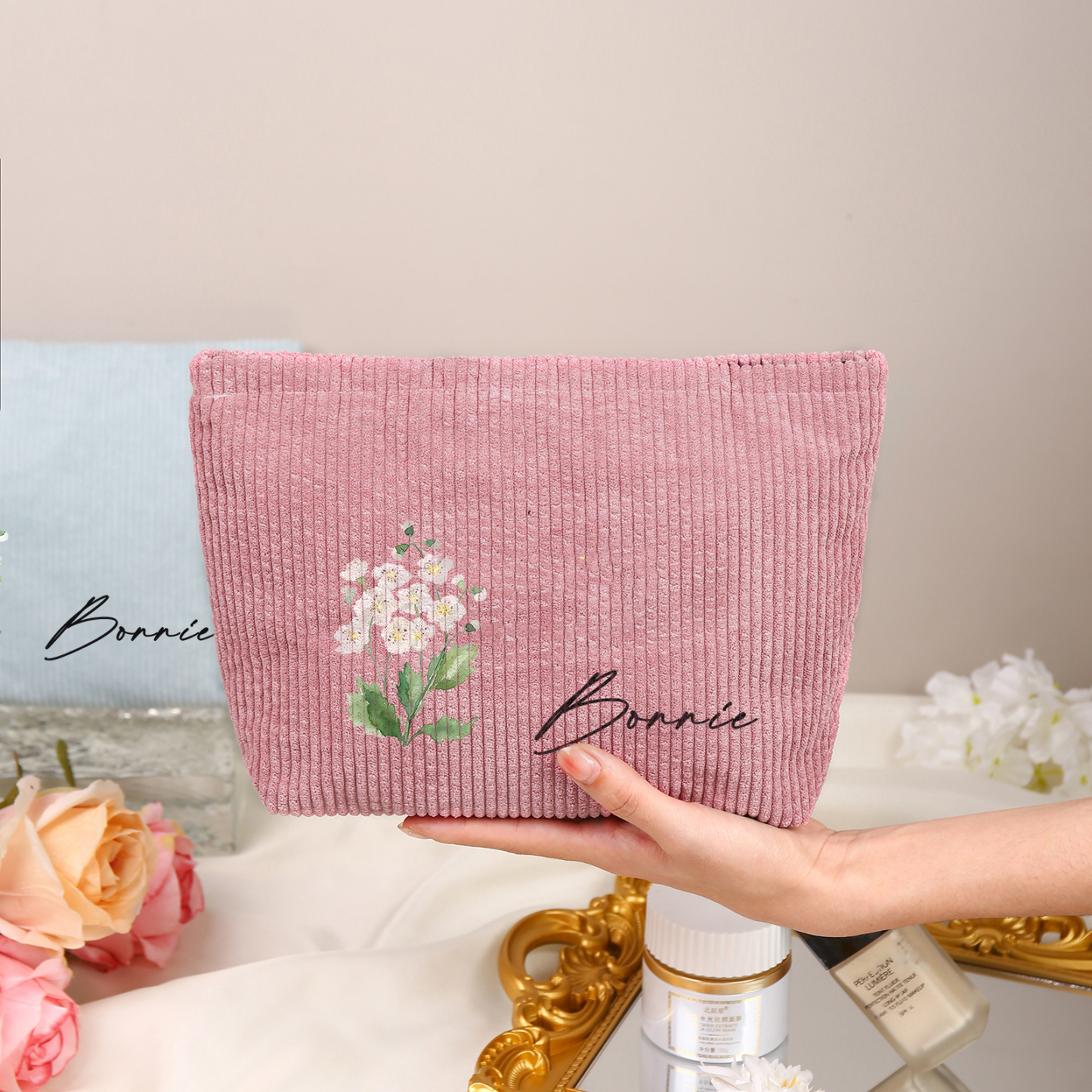 Personalisierter 1 Name & Geburtsblume Kord Schminktasche in 4 Farben