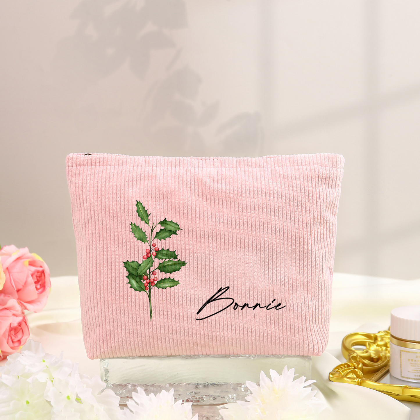 Personalisierter 1 Name & Geburtsblume Kord Schminktasche in 4 Farben