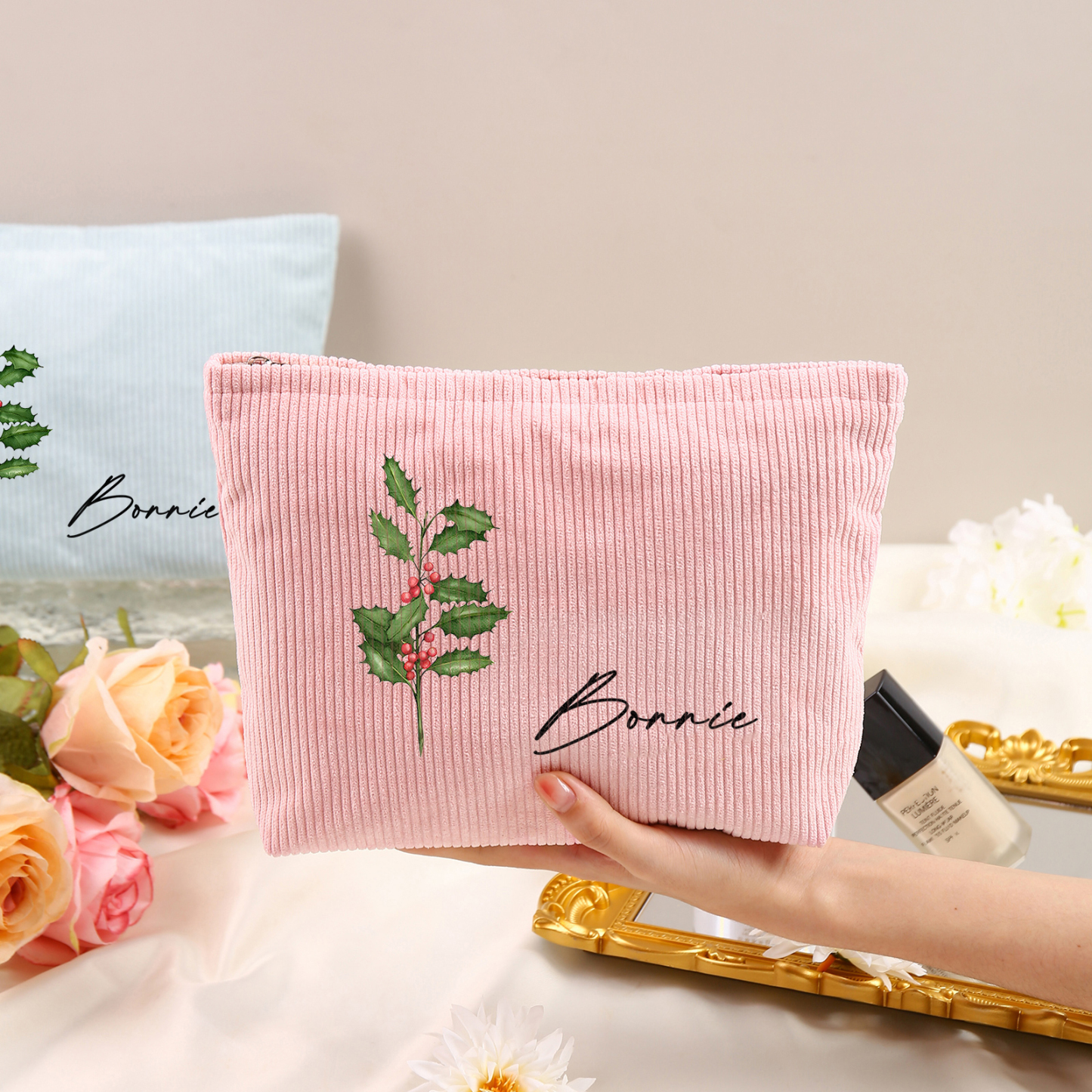 Personalisierter 1 Name & Geburtsblume Kord Schminktasche in 4 Farben