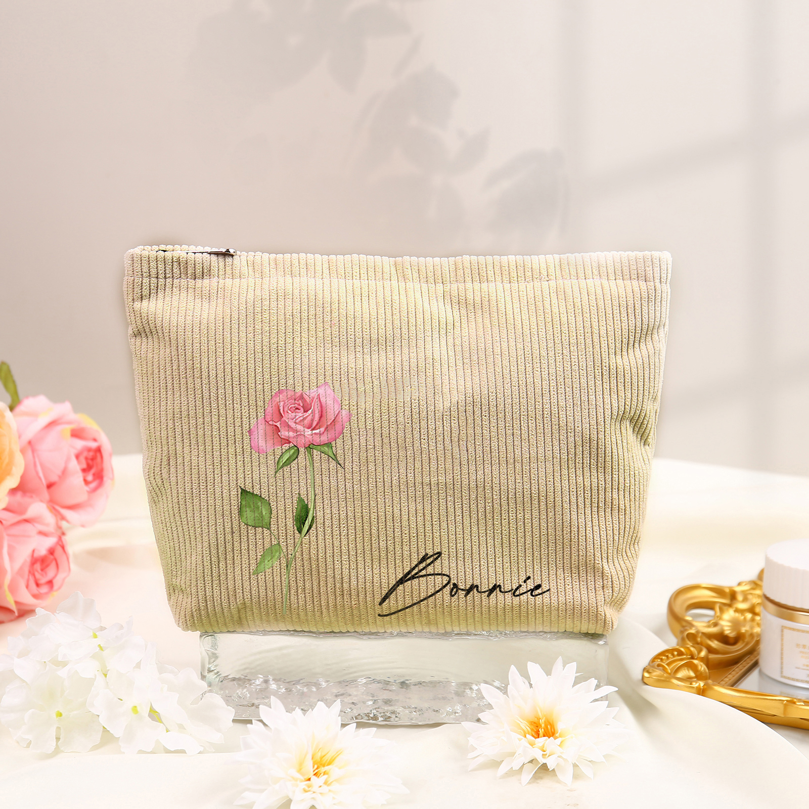 Personalisierter 1 Name & Geburtsblume Kord Schminktasche in 4 Farben