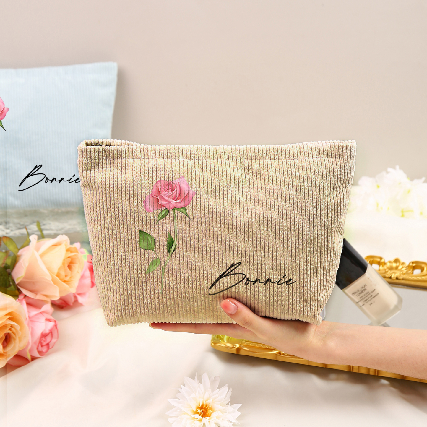 Personalisierter 1 Name & Geburtsblume Kord Schminktasche in 4 Farben