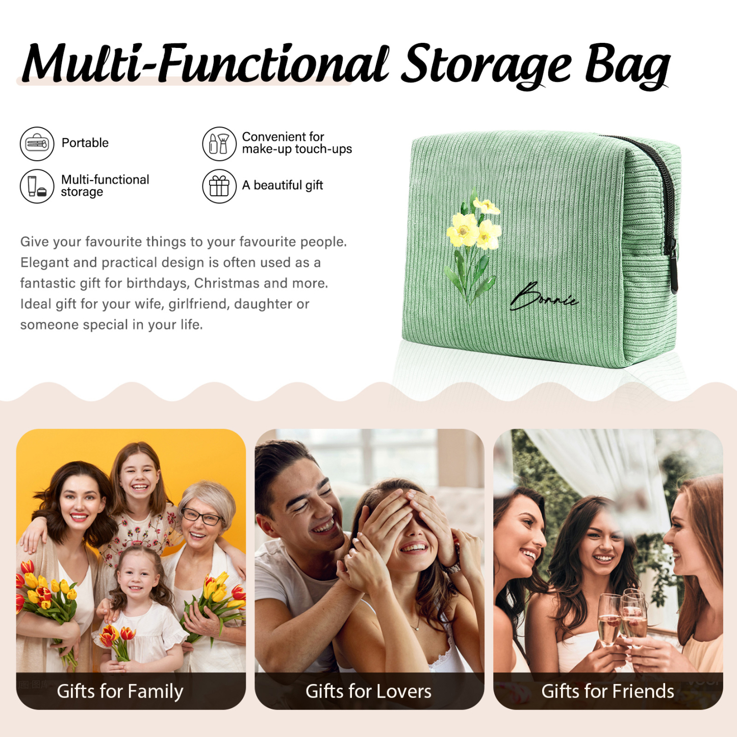 Personalisierter 1 Name & Geburtsblume Kord Schminktasche