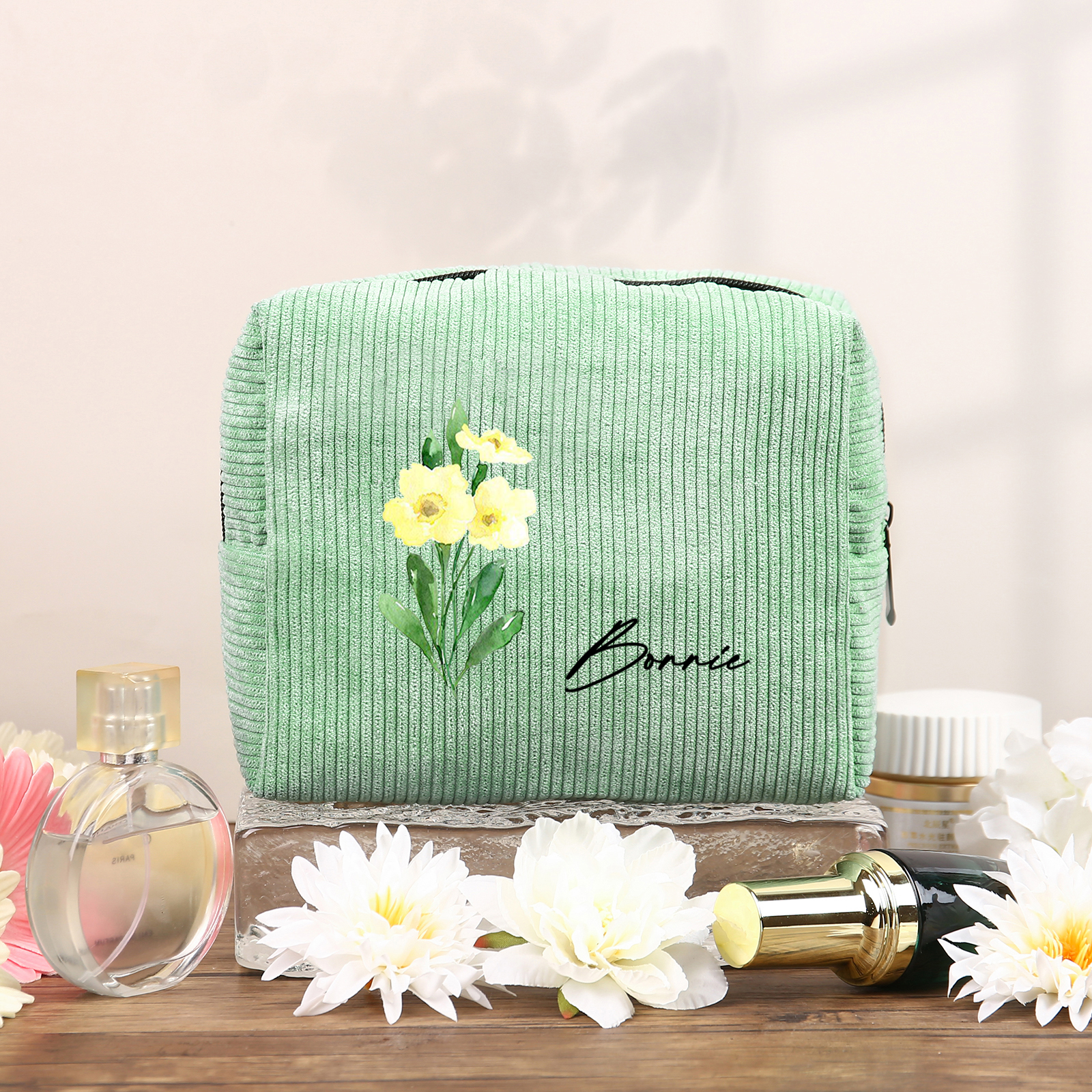 Personalisierter 1 Name & Geburtsblume Kord Schminktasche