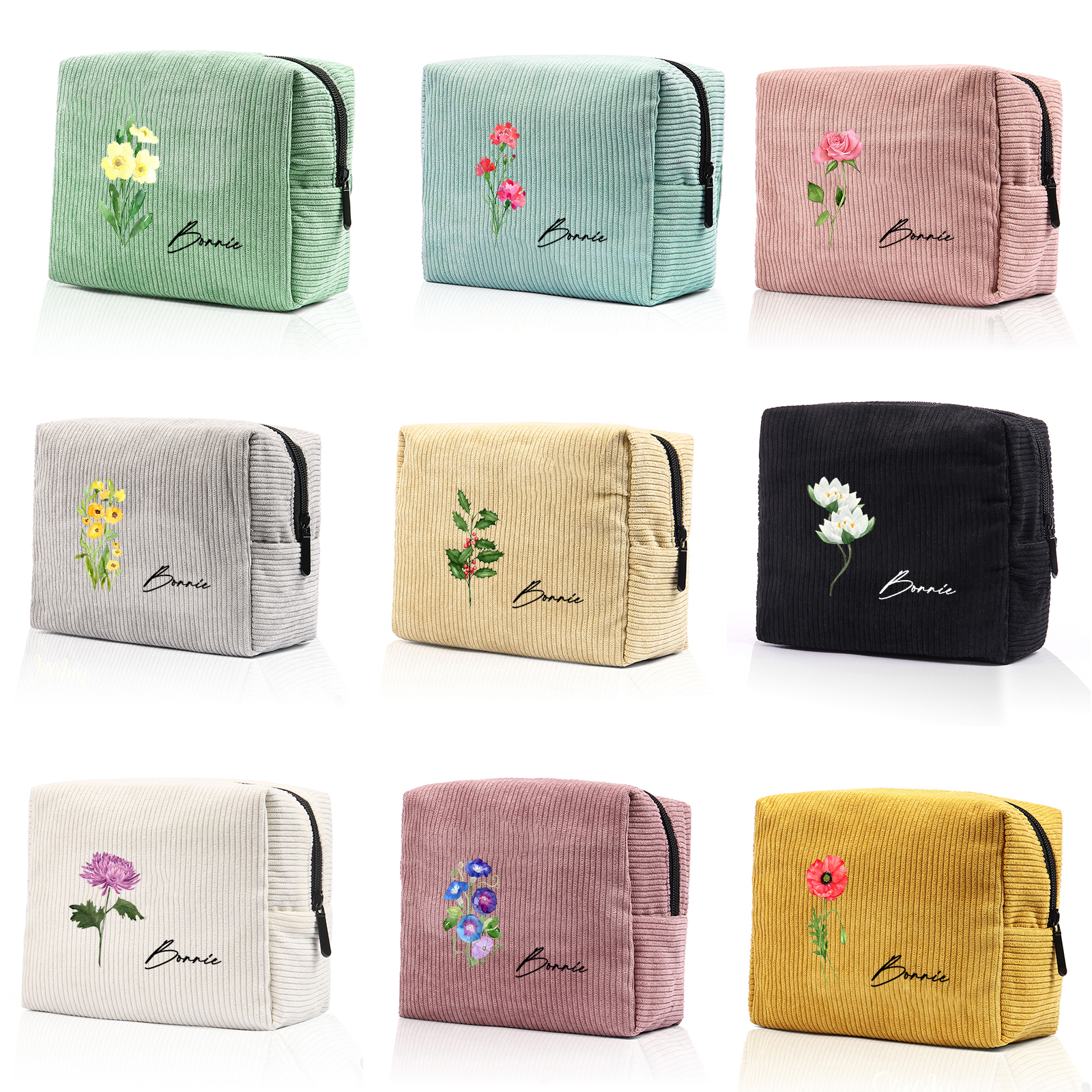 Personalisierter 1 Name & Geburtsblume Kord Schminktasche