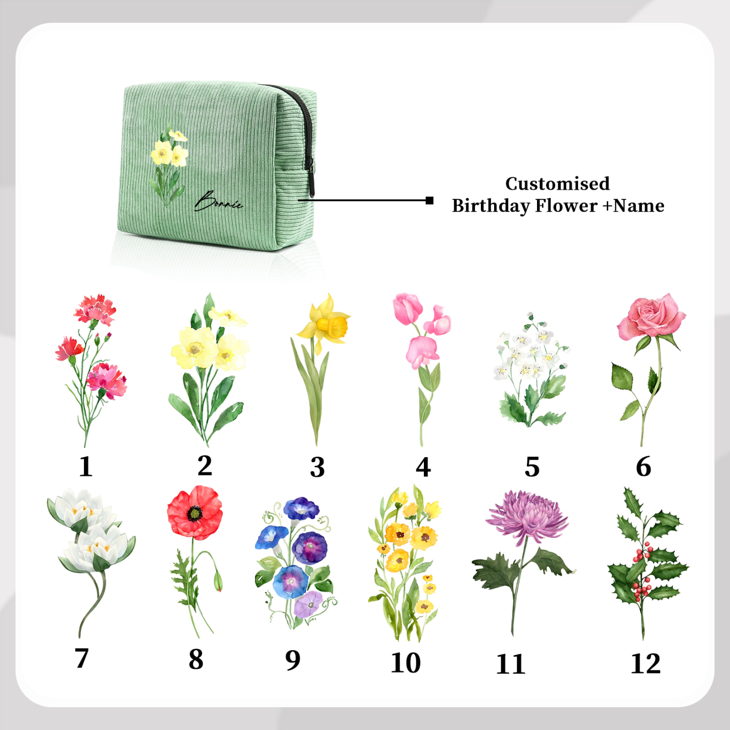 Personalisierter 1 Name & Geburtsblume Kord Schminktasche