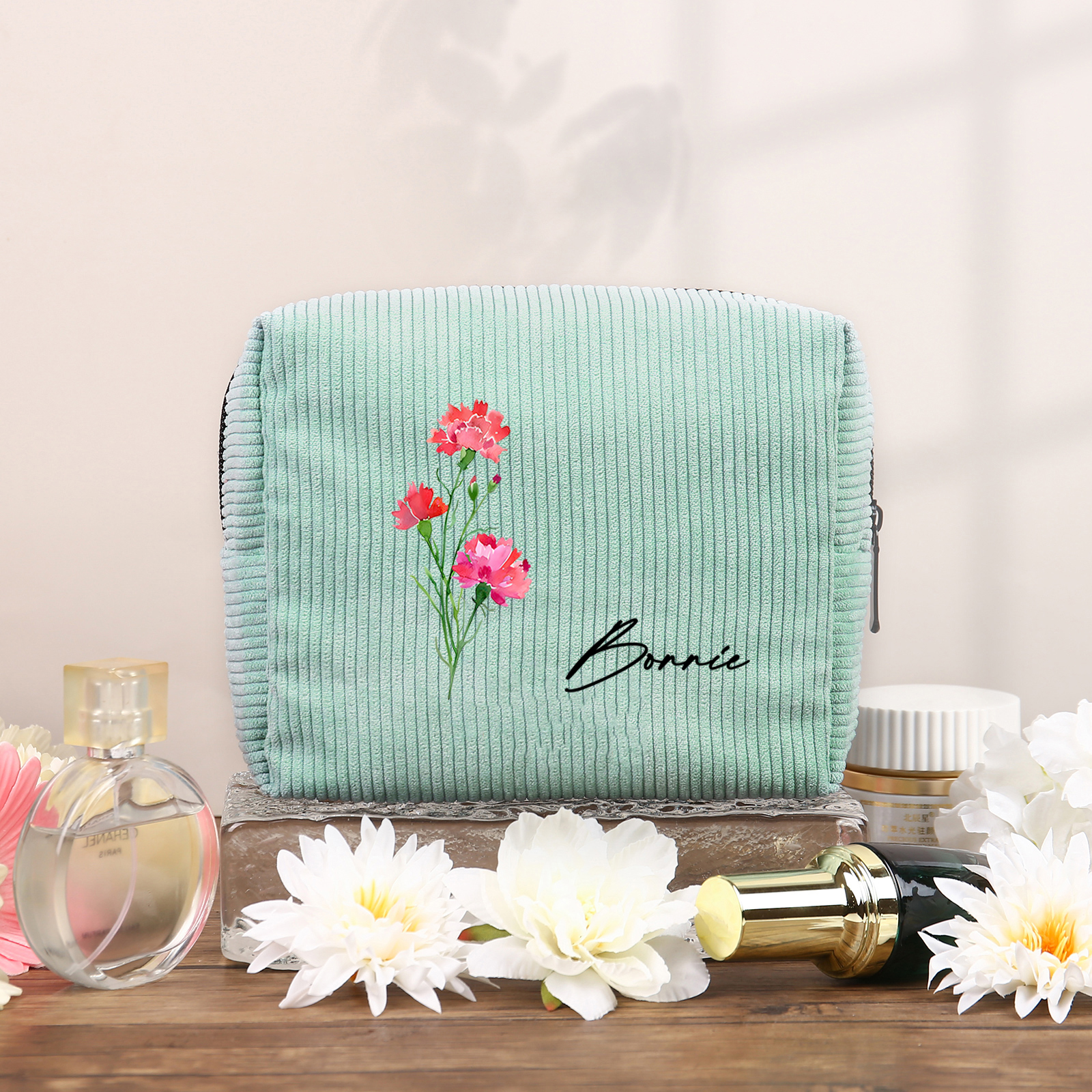 Personalisierter 1 Name & Geburtsblume Kord Schminktasche