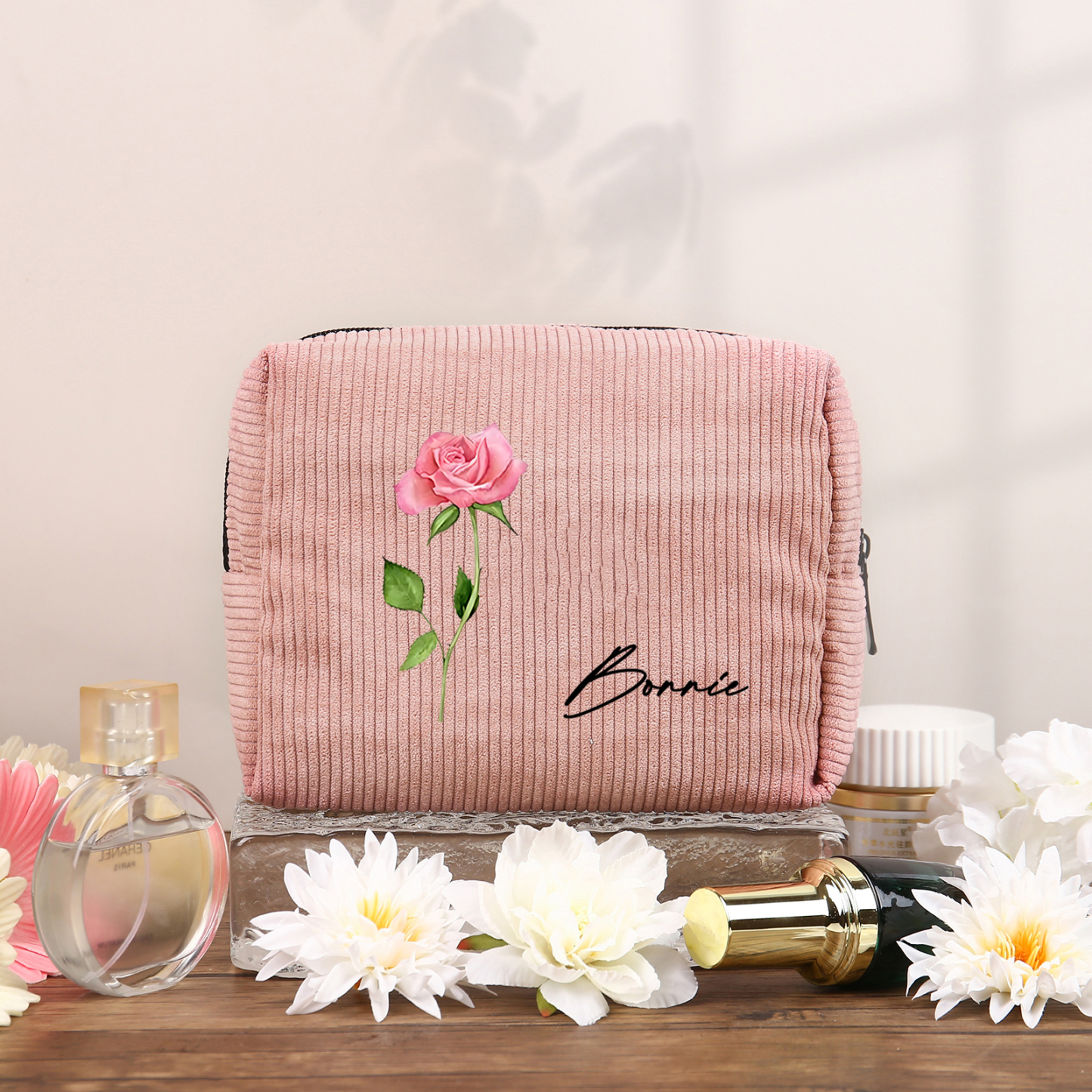 Personalisierter 1 Name & Geburtsblume Kord Schminktasche
