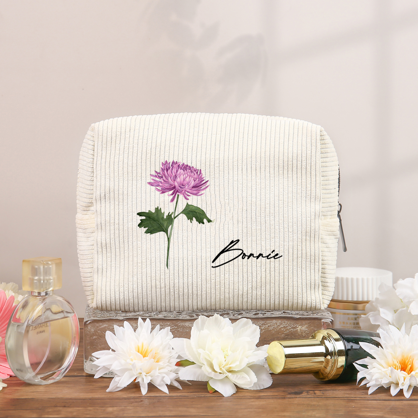 Personalisierter 1 Name & Geburtsblume Kord Schminktasche