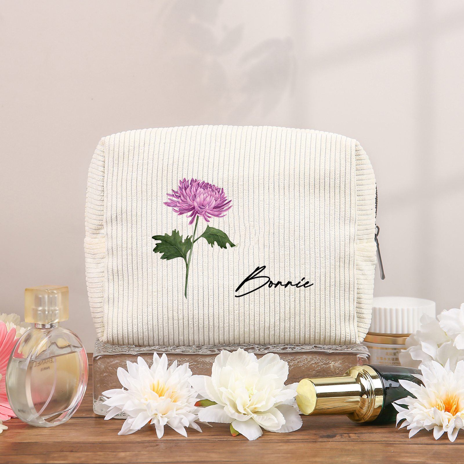 Personalisierter 1 Name & Geburtsblume Kord Schminktasche