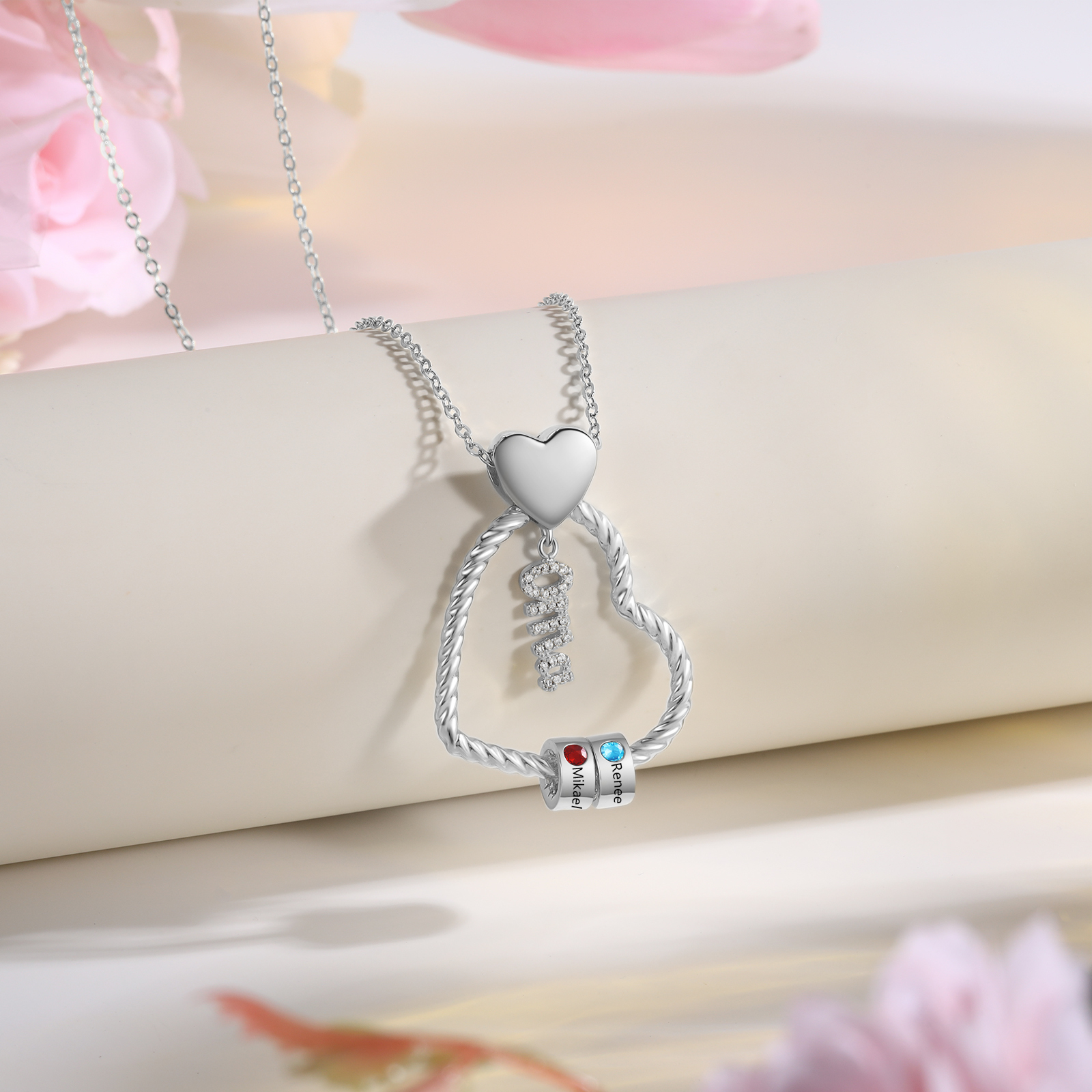 Personalisierte Herzanhänger-Halskette mit individuellen Geburtssteinen und Namen - Schmuckgeschenk mit simulierten Geburtssteinen