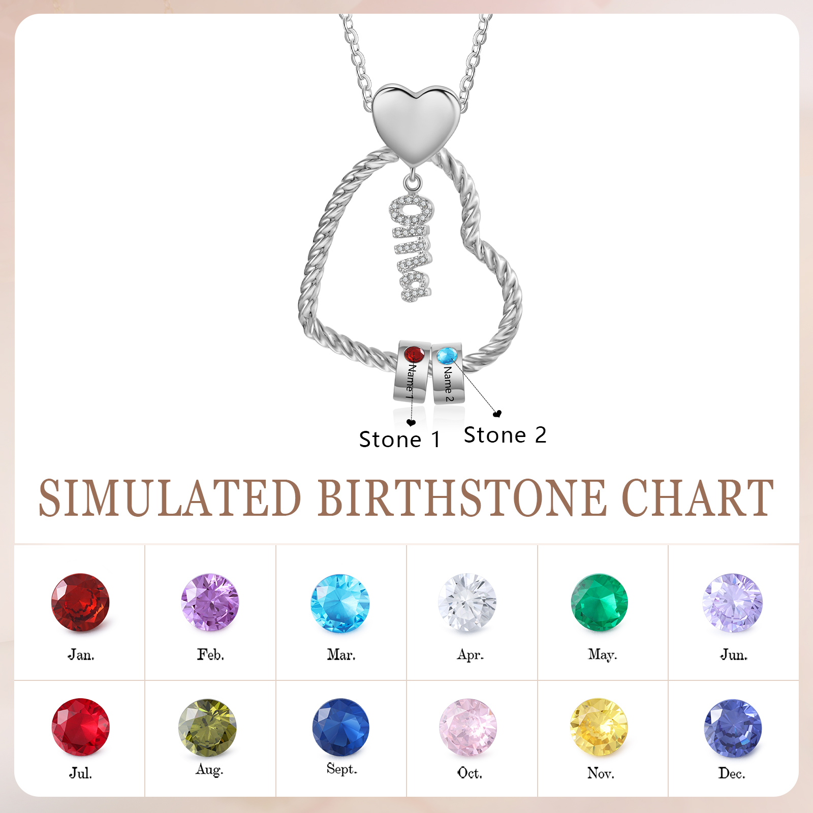 Personalisierte Herzanhänger-Halskette mit individuellen Geburtssteinen und Namen - Schmuckgeschenk mit simulierten Geburtssteinen