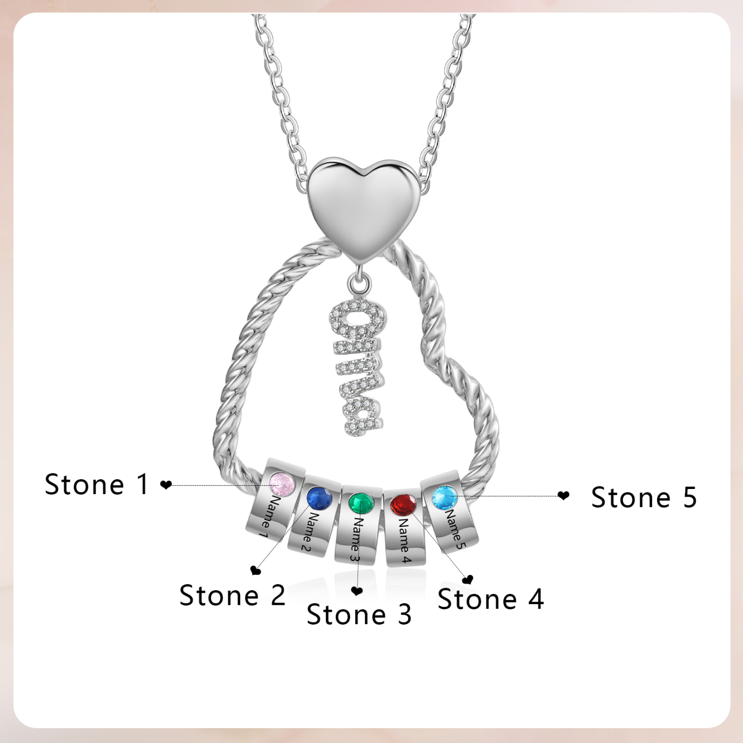 Personalisierte 5 Namen Herz Halskette mit 5 Geburtssteinen - Du machst meine Well bunter. Oma Schön, dass es Dich gibt - Geschenk mit Nachrichtenkarte