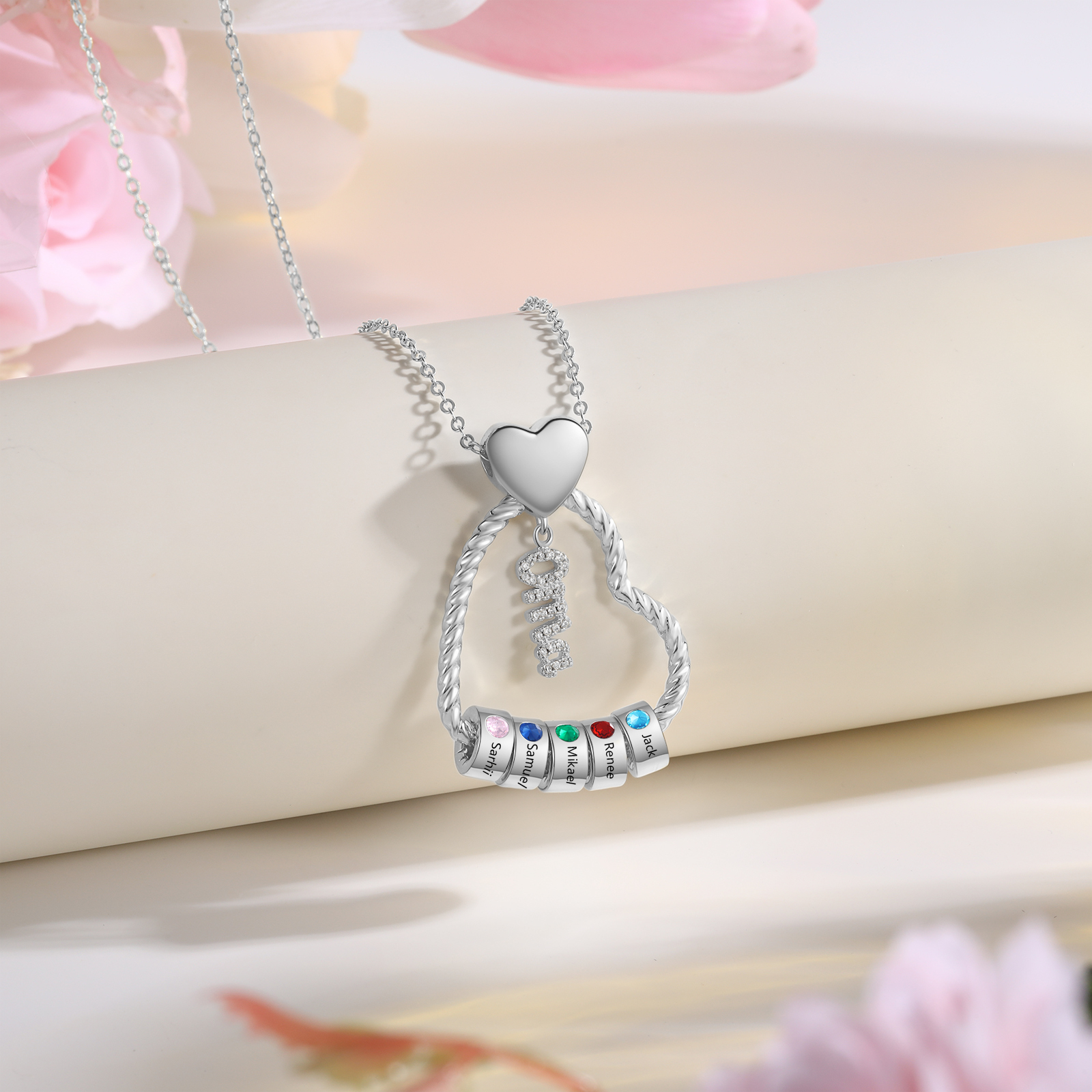 Personalisierte 5 Namen Herz Halskette mit 5 Geburtssteinen - Du machst meine Well bunter. Oma Schön, dass es Dich gibt - Geschenk mit Nachrichtenkarte