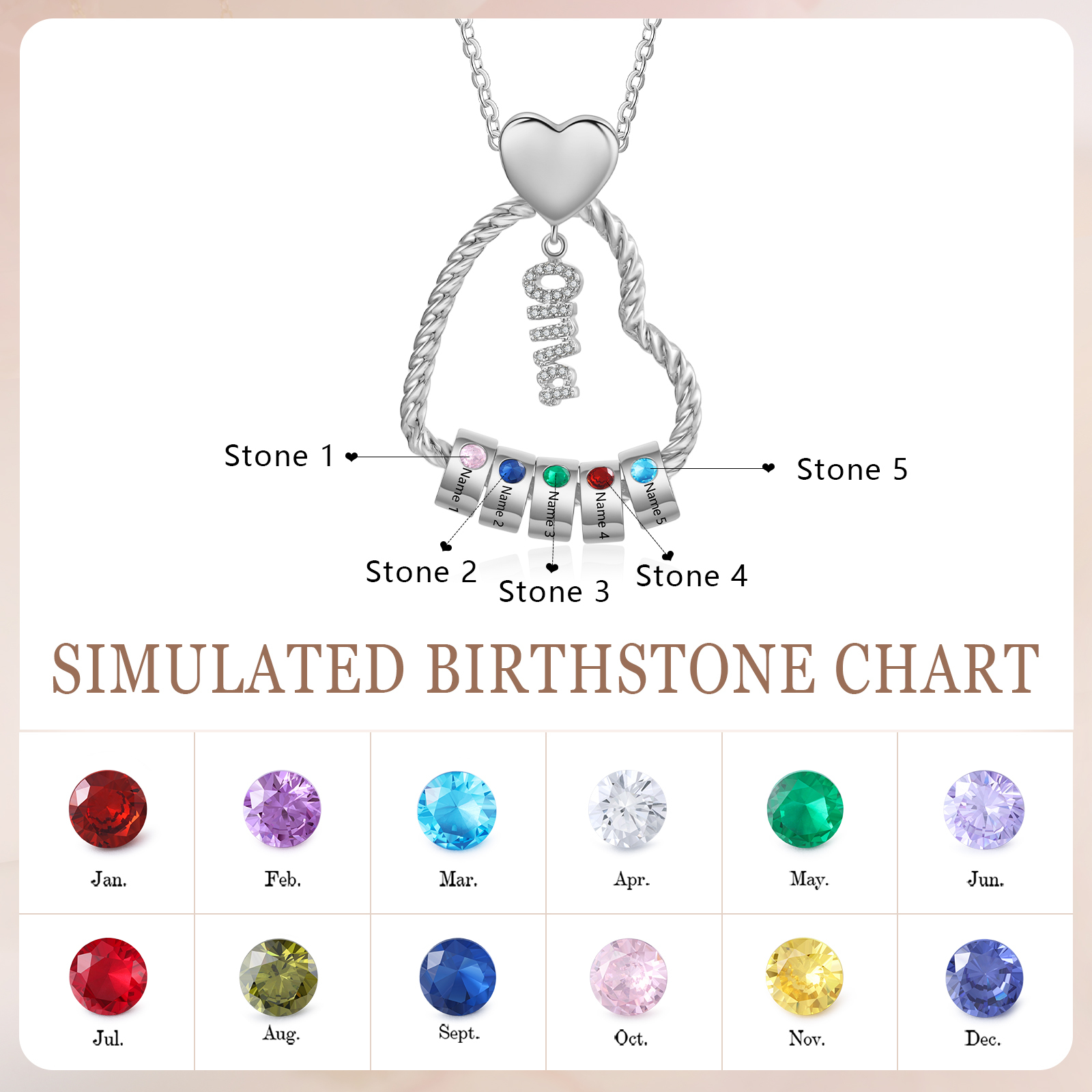 Personalisierte 5 Namen Herz Halskette mit 5 Geburtssteinen - Du machst meine Well bunter. Oma Schön, dass es Dich gibt - Geschenk mit Nachrichtenkarte