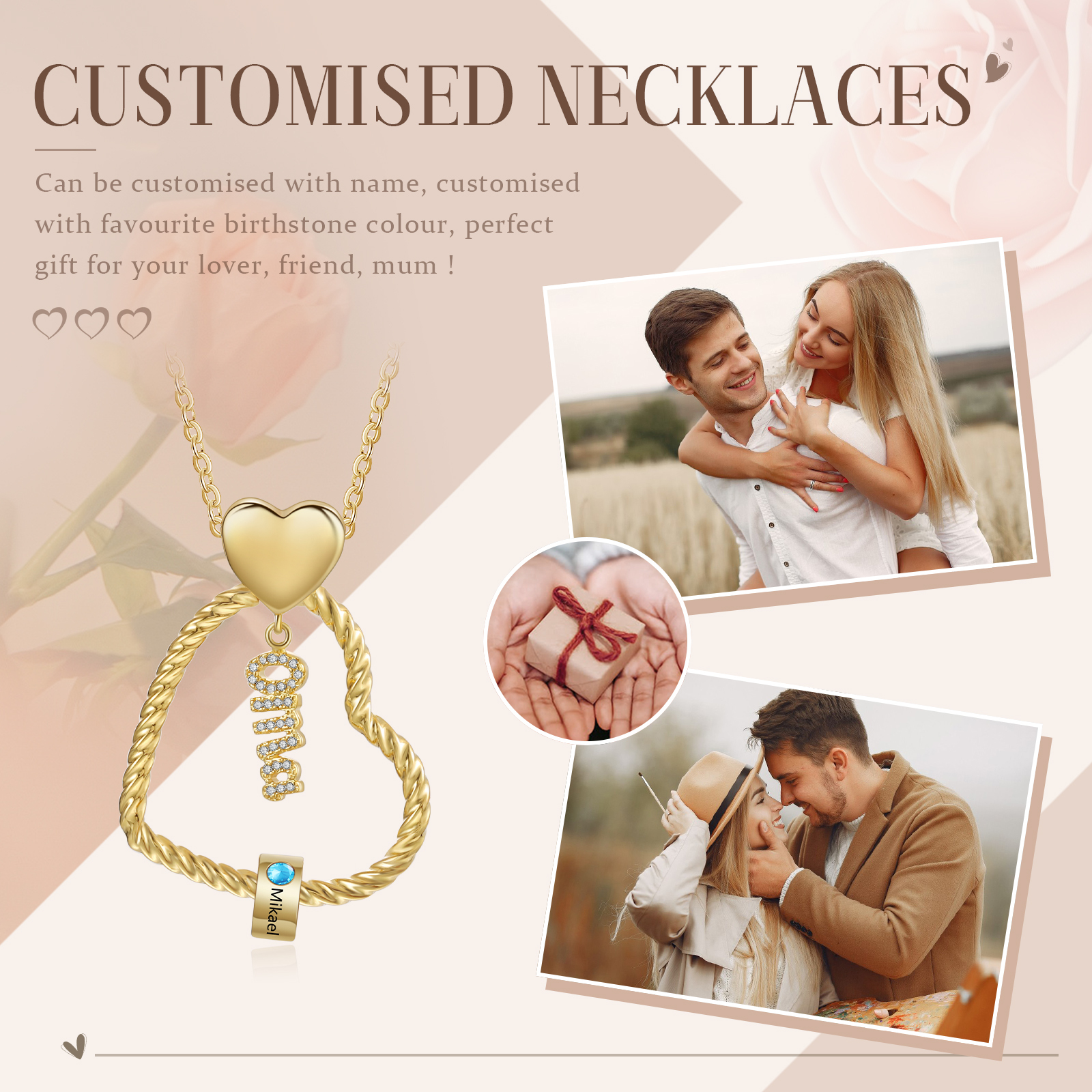 Personalisierte 1 Name Herz Halskette mit 1 Geburtsstein - Du machst meine Well bunter. Oma Schön, dass es Dich gibt - Geschenk mit Nachrichtenkarte