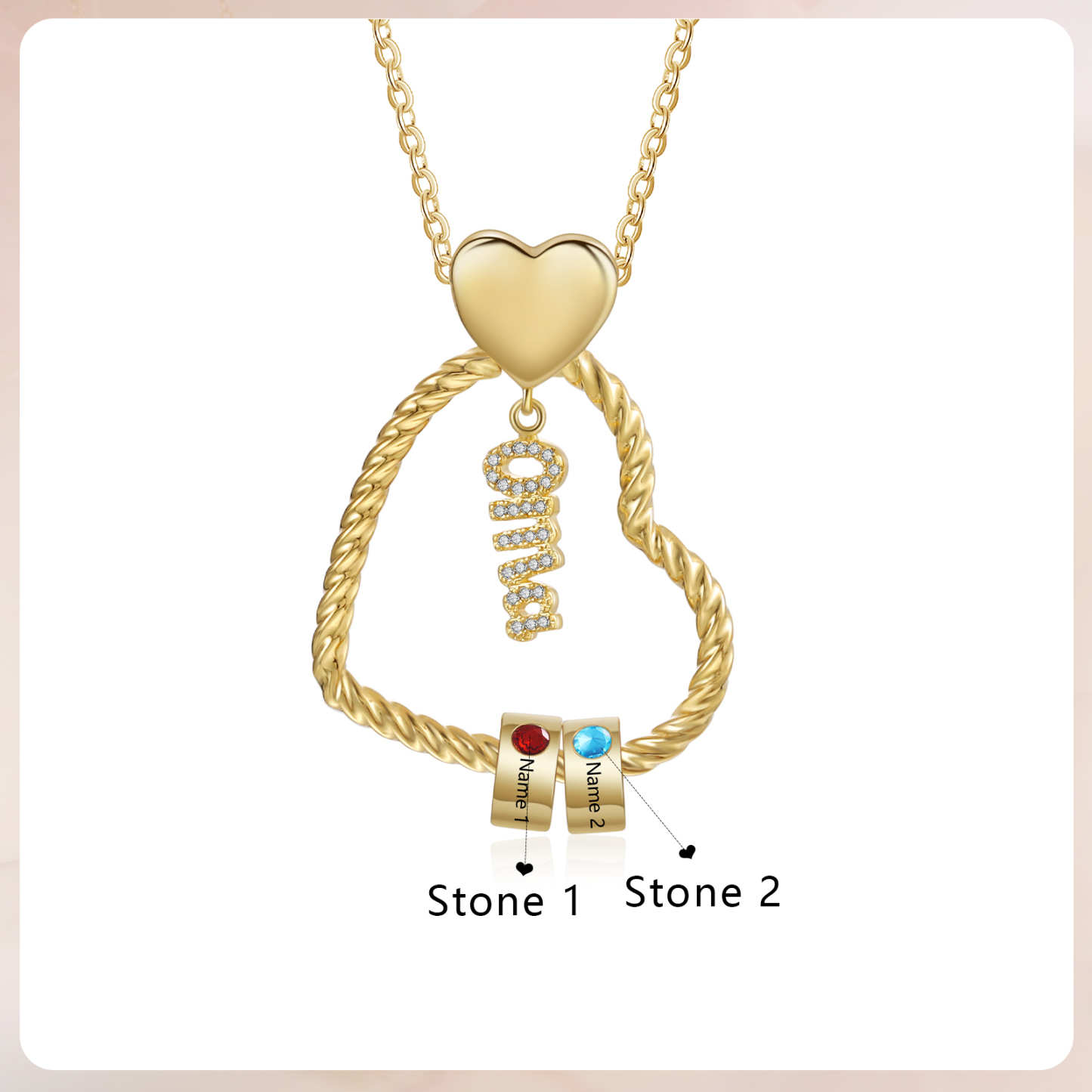 Personalisierte 2 Namen Herz Halskette mit  2 Geburtssteinen für Oma Großmutter