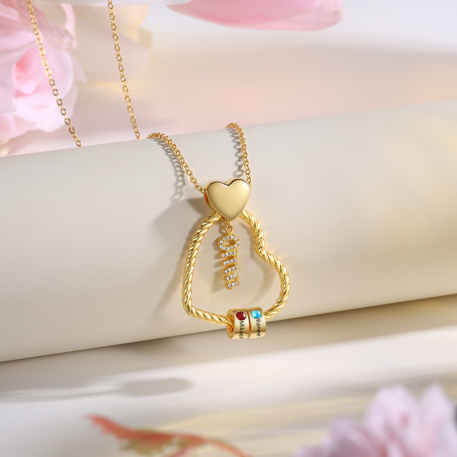 Personalisierte 2 Namen Herz Halskette mit  2 Geburtssteinen für Oma Großmutter