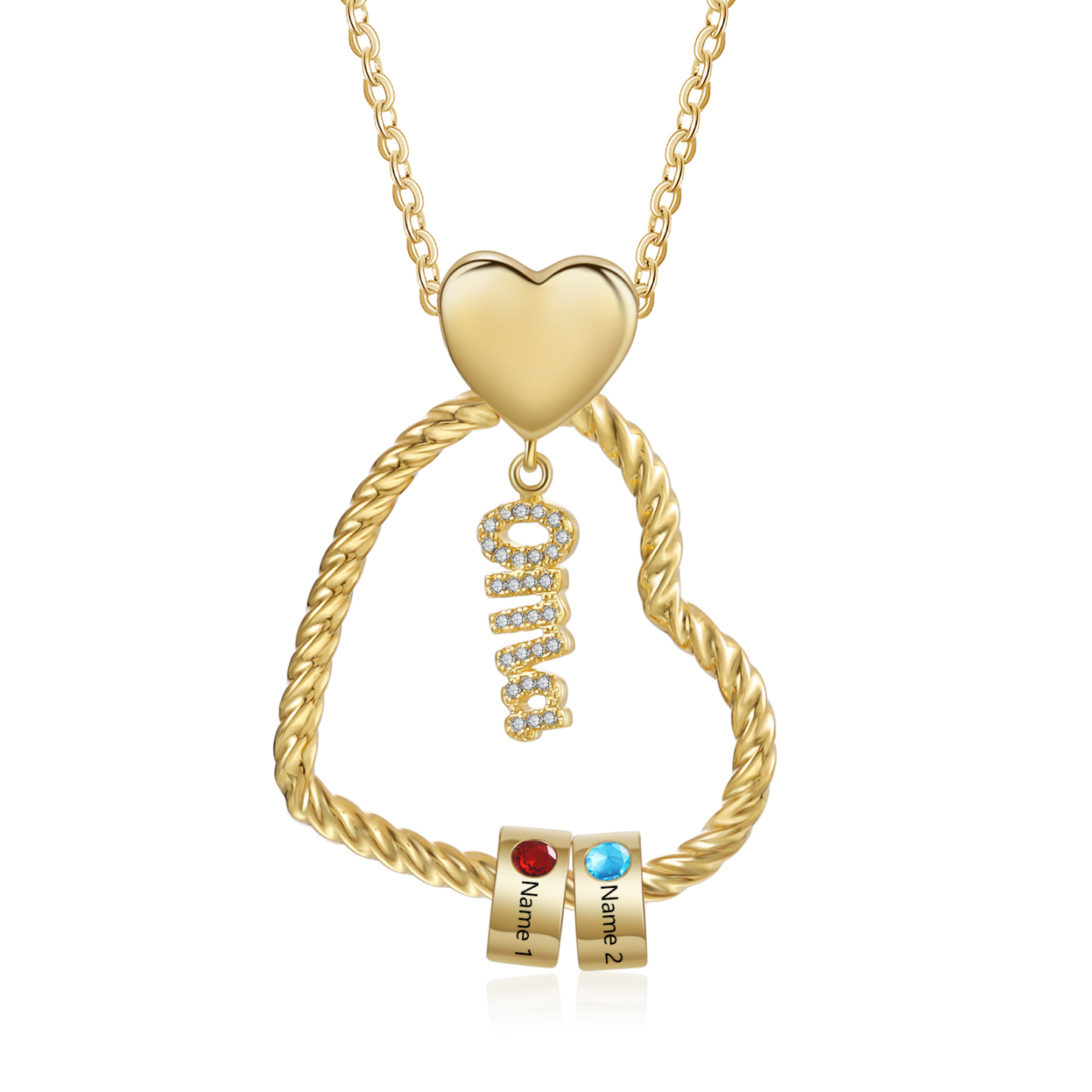 Personalisierte 2 Namen Herz Halskette mit  2 Geburtssteinen für Oma Großmutter