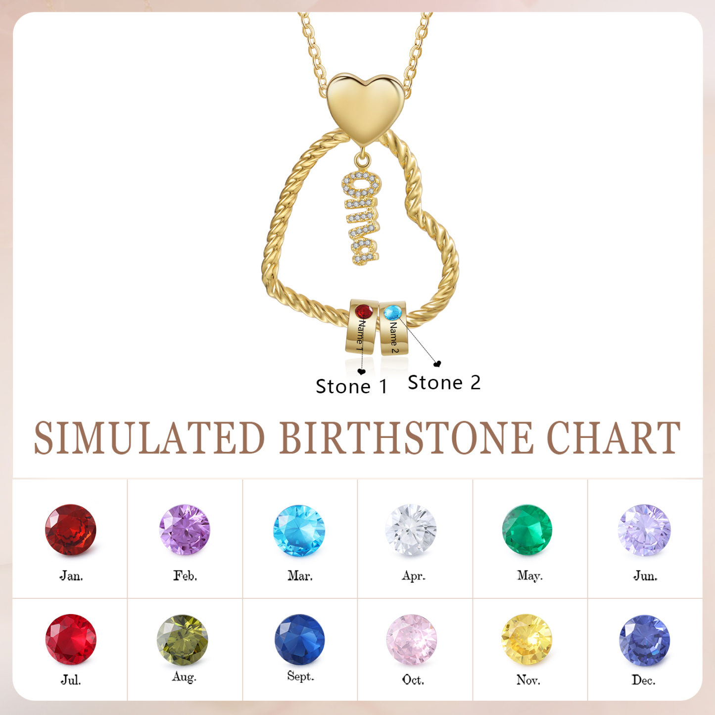 Personalisierte 2 Namen Herz Halskette mit  2 Geburtssteinen für Oma Großmutter