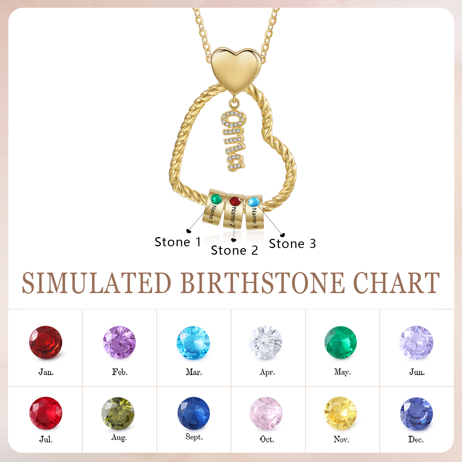 Personalisierte 3 Namen Herz Halskette mit 3 Geburtssteinen - Du machst meine Well bunter. Oma Schön, dass es Dich gibt - Geschenk mit Nachrichtenkarte