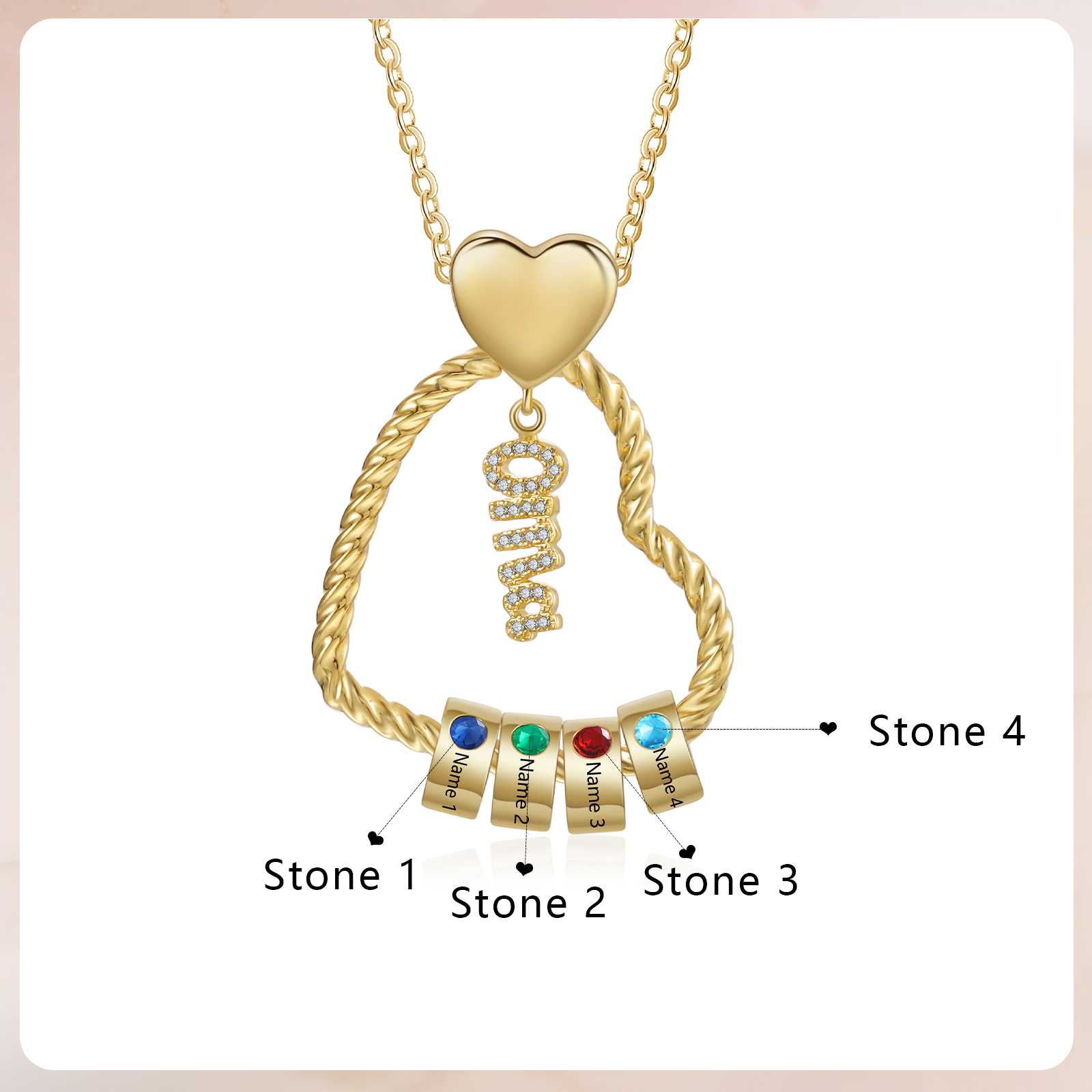 Personalisierte 4 Namen Herz Halskette mit 4 Geburtssteinen - Du machst meine Well bunter. Oma Schön, dass es Dich gibt - Geschenk mit Nachrichtenkarte