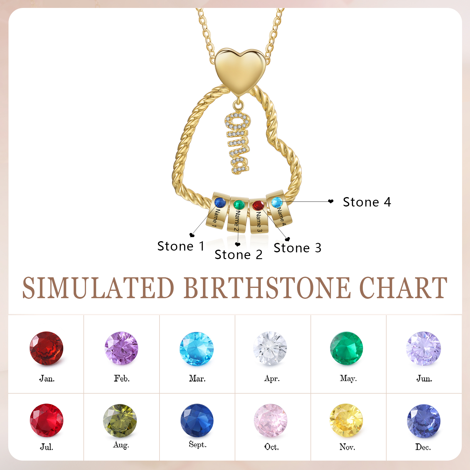 Personalisierte 4 Namen Herz Halskette mit 4 Geburtssteinen - Du machst meine Well bunter. Oma Schön, dass es Dich gibt - Geschenk mit Nachrichtenkarte