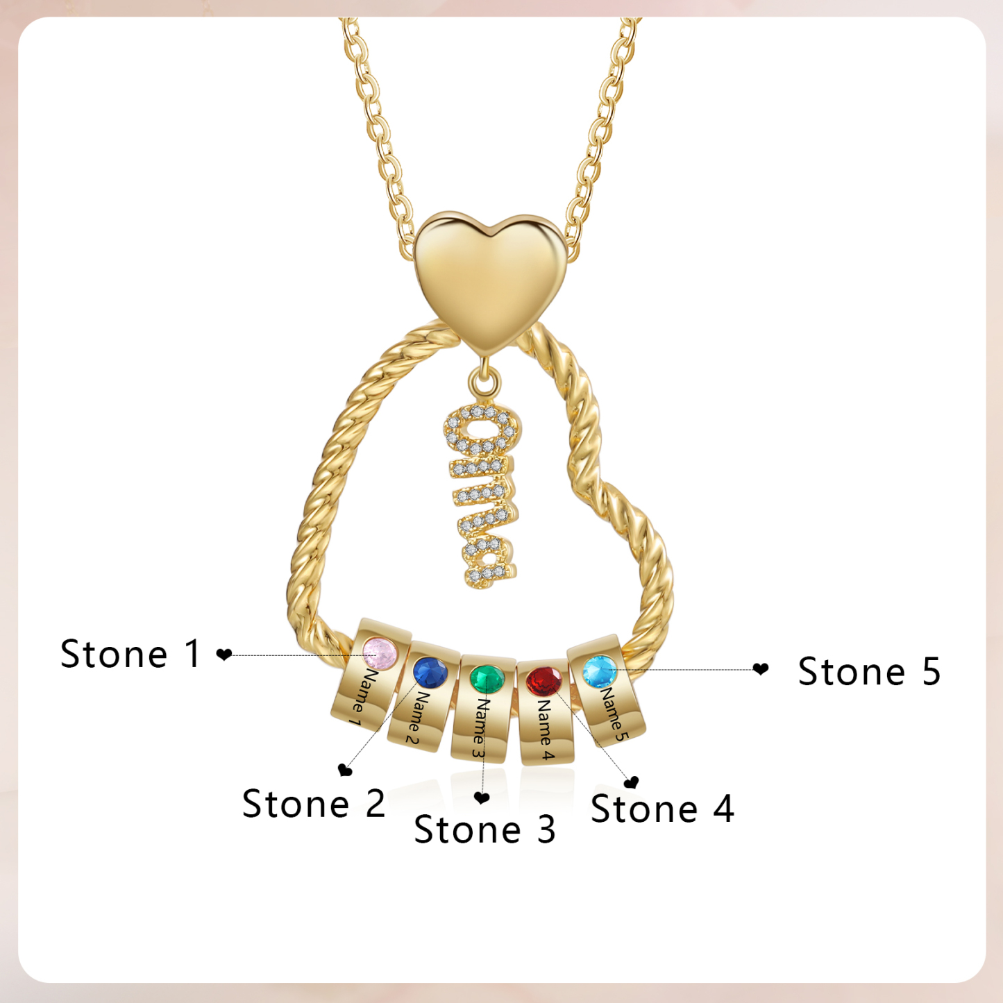 Personalisierte 5 Namen Herz Halskette mit 5 Geburtssteinen - Du machst meine Well bunter. Oma Schön, dass es Dich gibt - Geschenk mit Nachrichtenkarte