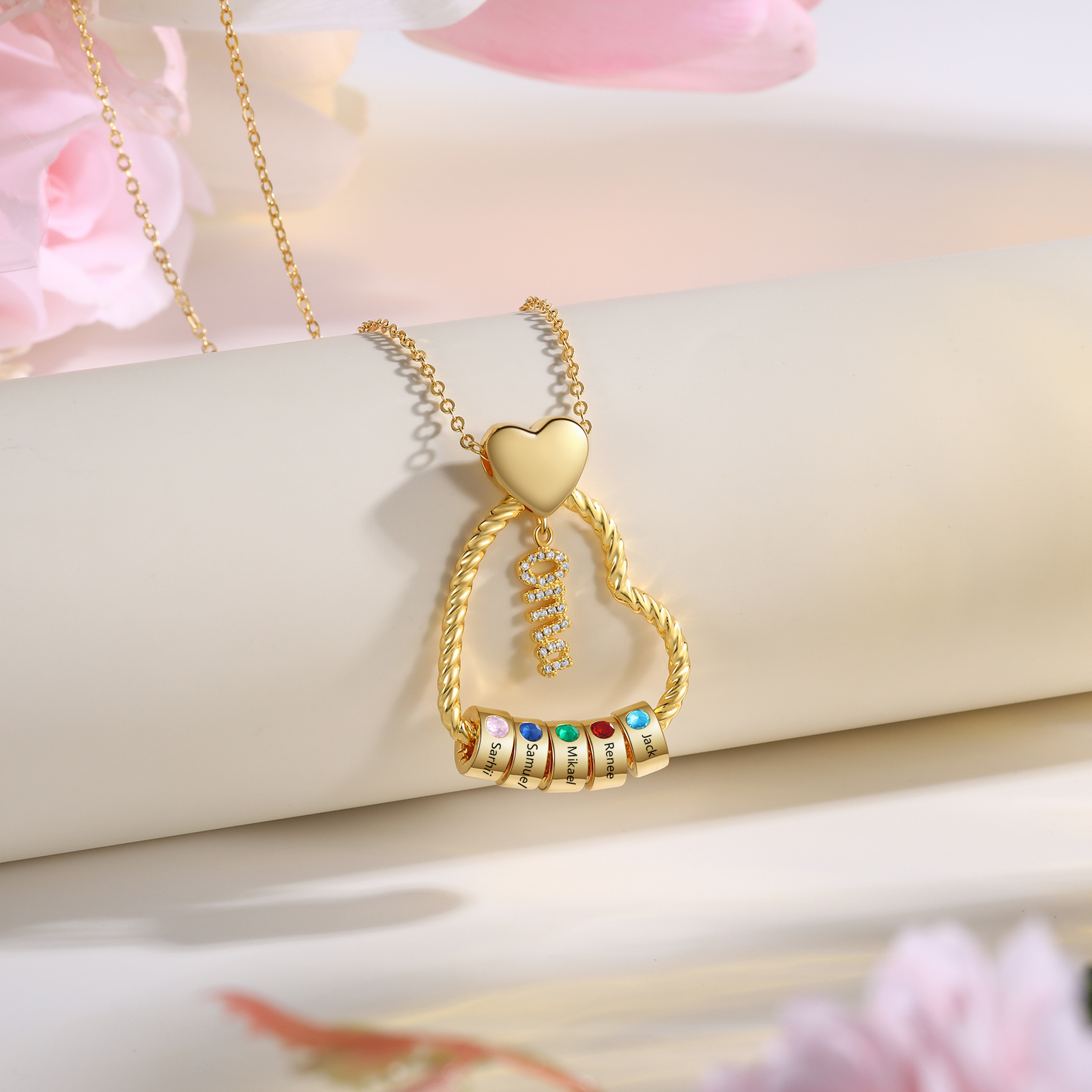 Personalisierte 5 Namen Herz Halskette mit 5 Geburtssteinen - Du machst meine Well bunter. Oma Schön, dass es Dich gibt - Geschenk mit Nachrichtenkarte