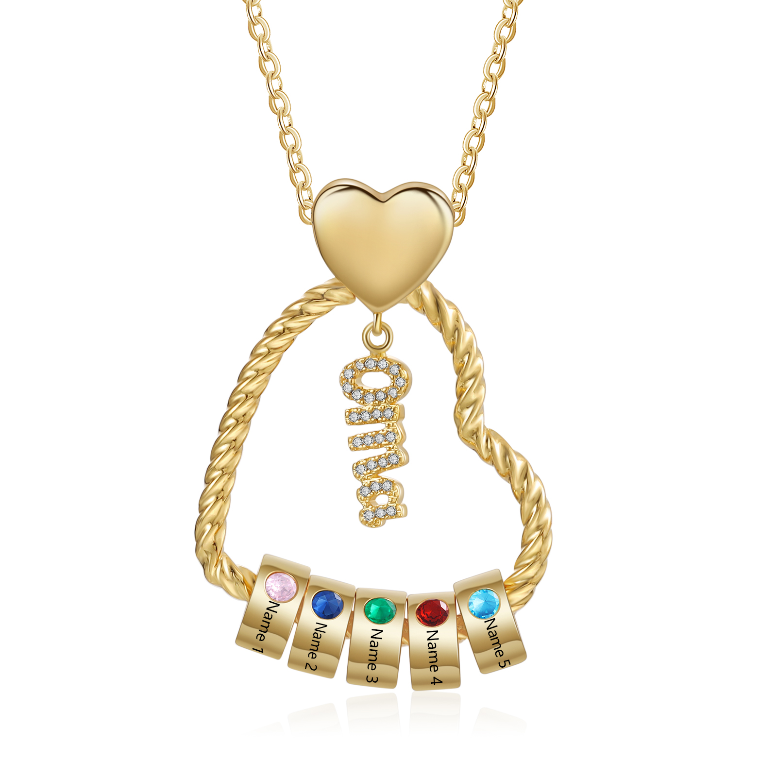Personalisierte 5 Namen Herz Halskette mit 5 Geburtssteinen - Du machst meine Well bunter. Oma Schön, dass es Dich gibt - Geschenk mit Nachrichtenkarte