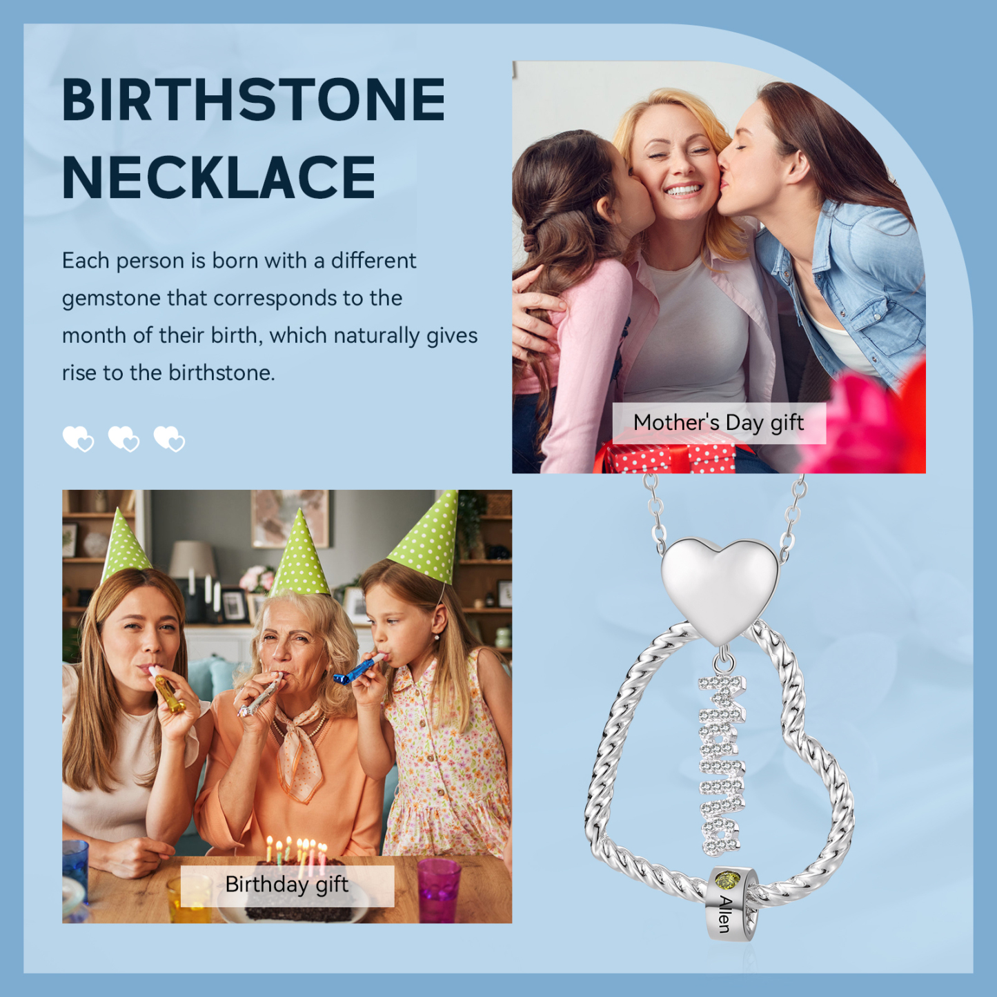Personalisierte 1 Name Herz Halskette mit 1 Geburtsstein & Weihnachts-Geschenkkarte & GeschenkBox für Mama Mutter Geschenkkarte Set