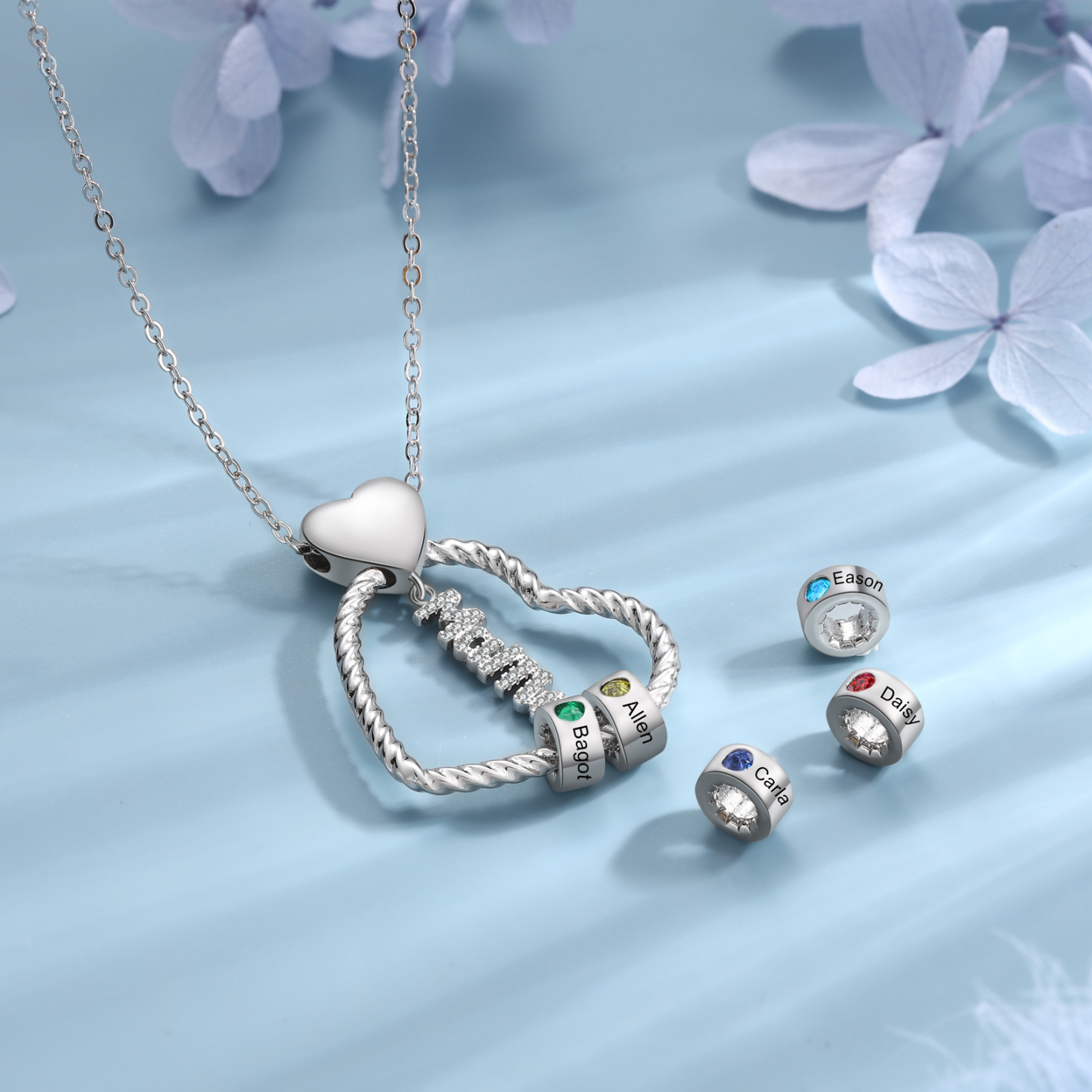 Personalisierte 3 Namen Herz Halskette mit 3 Geburtssteinen & Weihnachts-Geschenkkarte & GeschenkBox für Mama Mutter Geschenkkarte Set