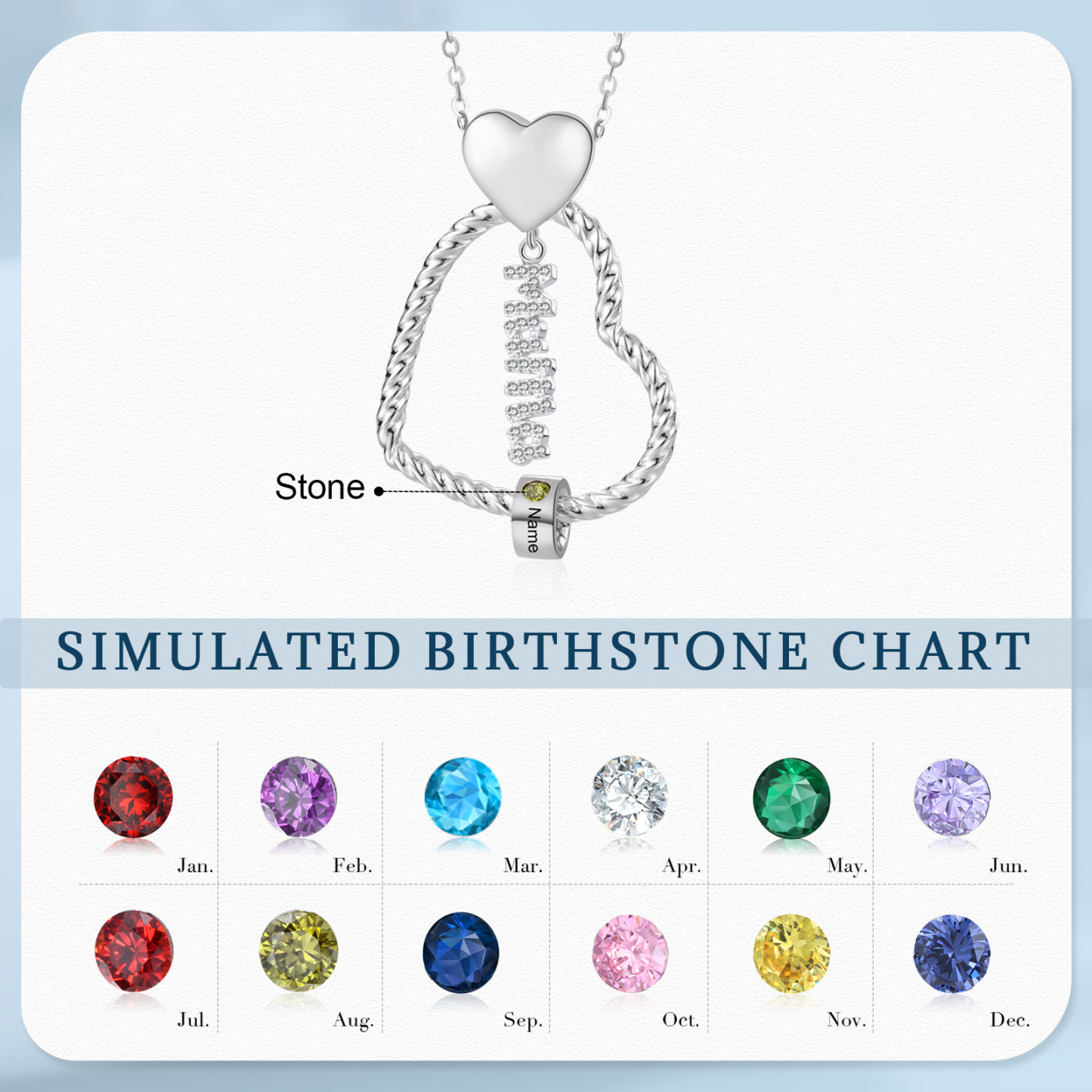 Personalisierte 1 Name Herz Halskette mit 1 Geburtsstein & Weihnachts-Geschenkkarte & GeschenkBox für Mama Mutter Geschenkkarte Set