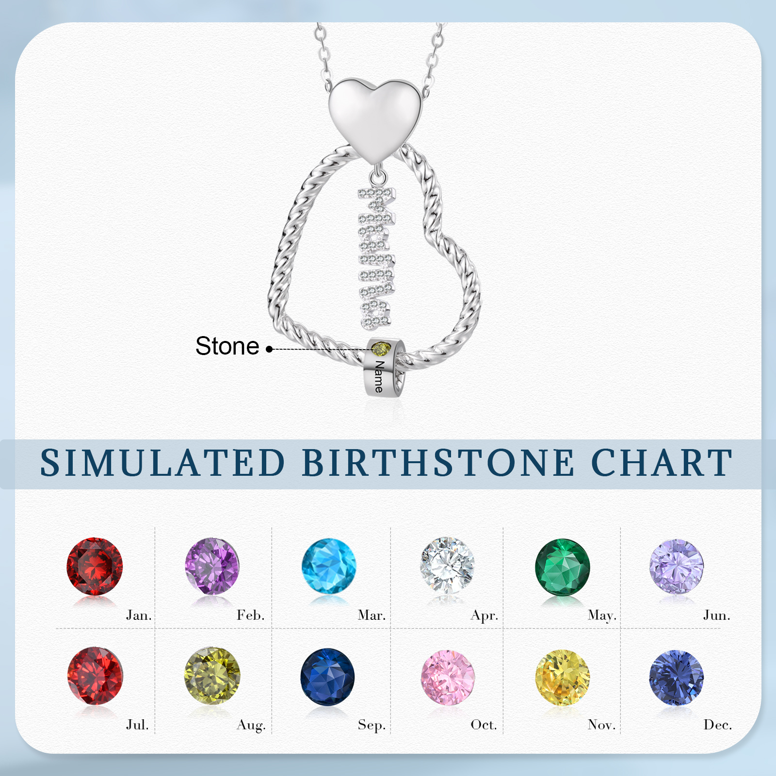 Personalisierte 1 Name Herz Halskette mit 1 Geburtsstein & Weihnachts-Geschenkkarte & GeschenkBox für Mama Mutter Geschenkkarte Set