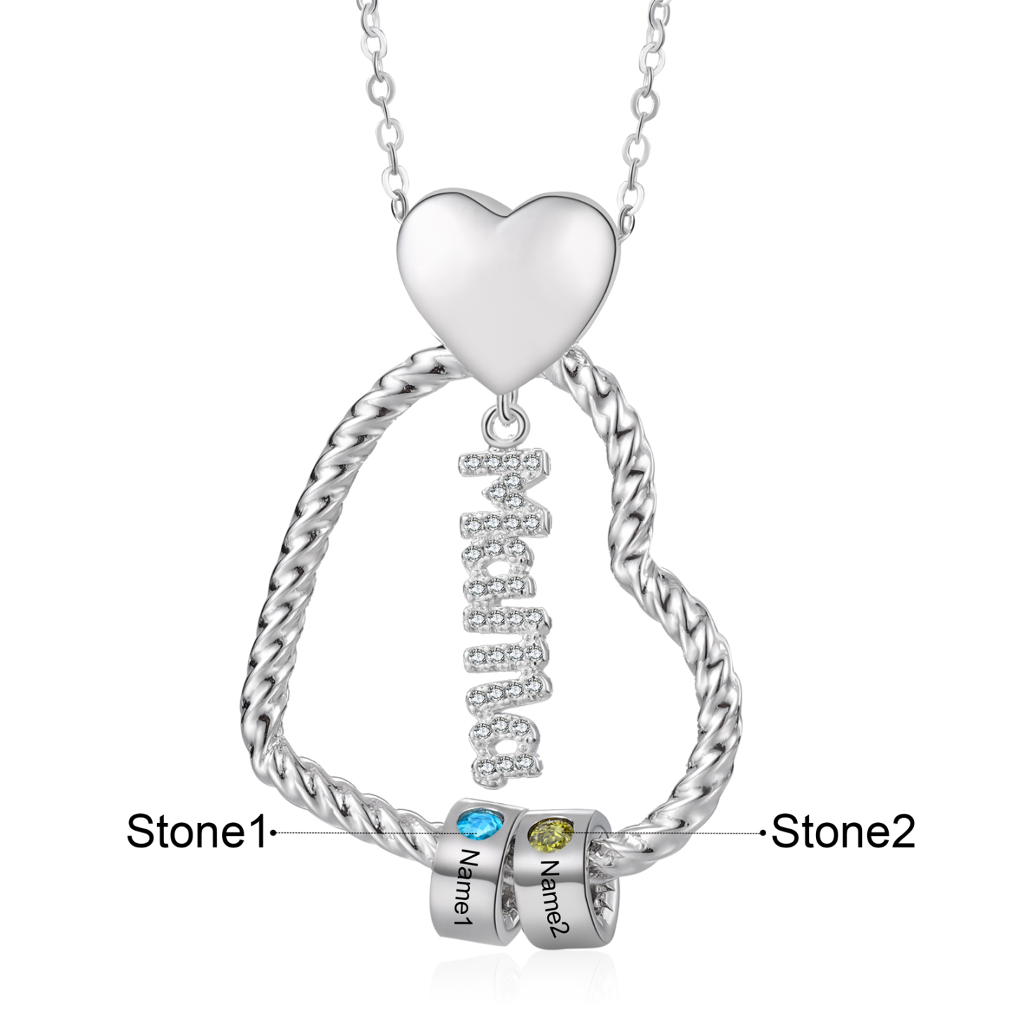 Personalisierte 2 Namen Herz Halskette mit 2 Geburtssteinen & Weihnachts-Geschenkkarte & GeschenkBox für Mama Mutter Geschenkkarte Set