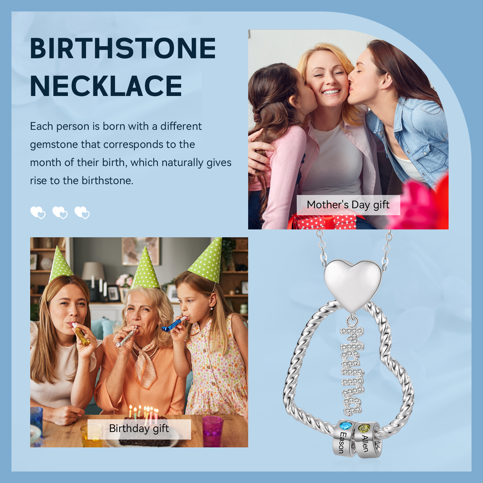 Personalisierte 2 Namen Herz Halskette mit 2 Geburtssteinen & Weihnachts-Geschenkkarte & GeschenkBox für Mama Mutter Geschenkkarte Set