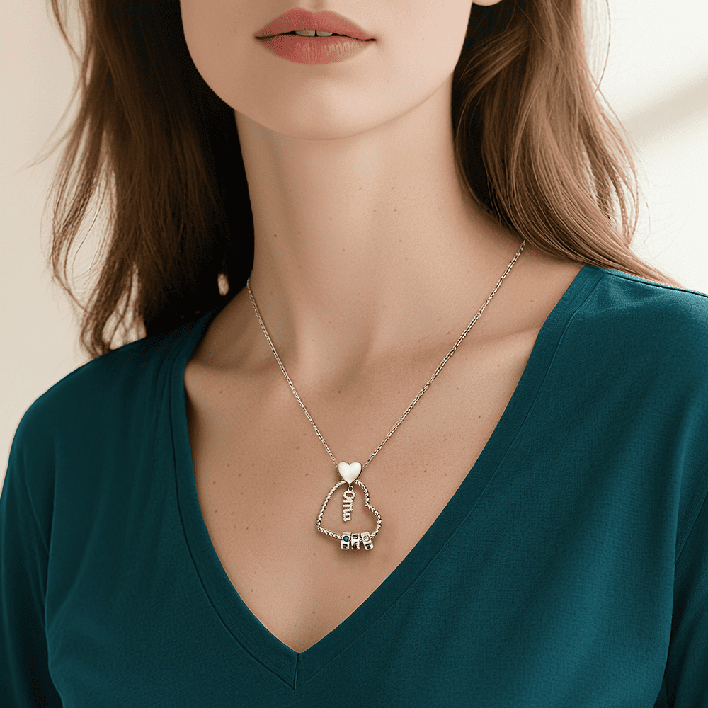 Personalisierte 1-5 Namen Herz Halskette mit 1-5 Geburtssteinen & Weihnachts-Geschenkkarte & GeschenkBox für Mama Mutter Geschenkkarte Set