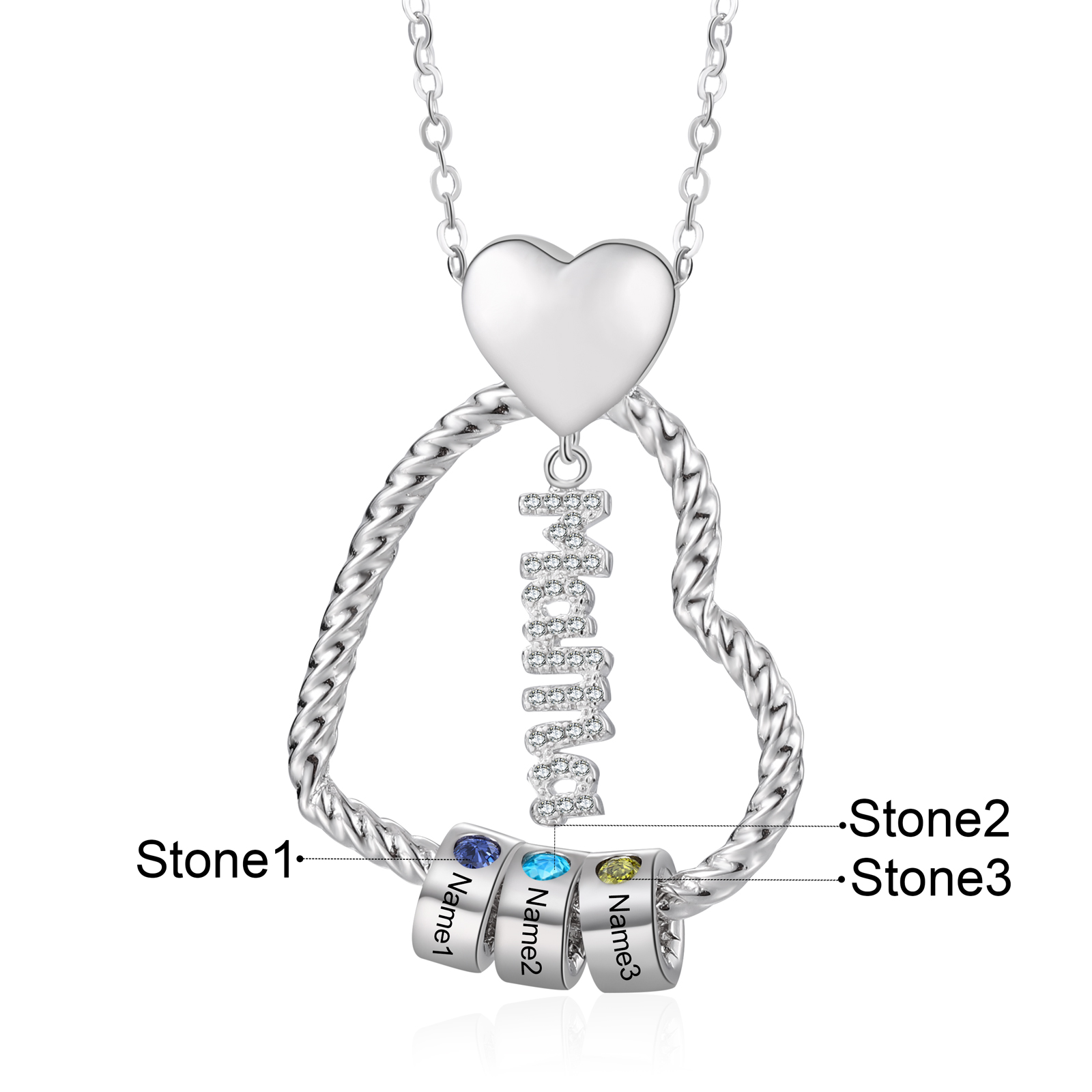 Personalisierte 3 Namen Herz Halskette mit 3 Geburtssteinen & Weihnachts-Geschenkkarte & GeschenkBox für Mama Mutter Geschenkkarte Set